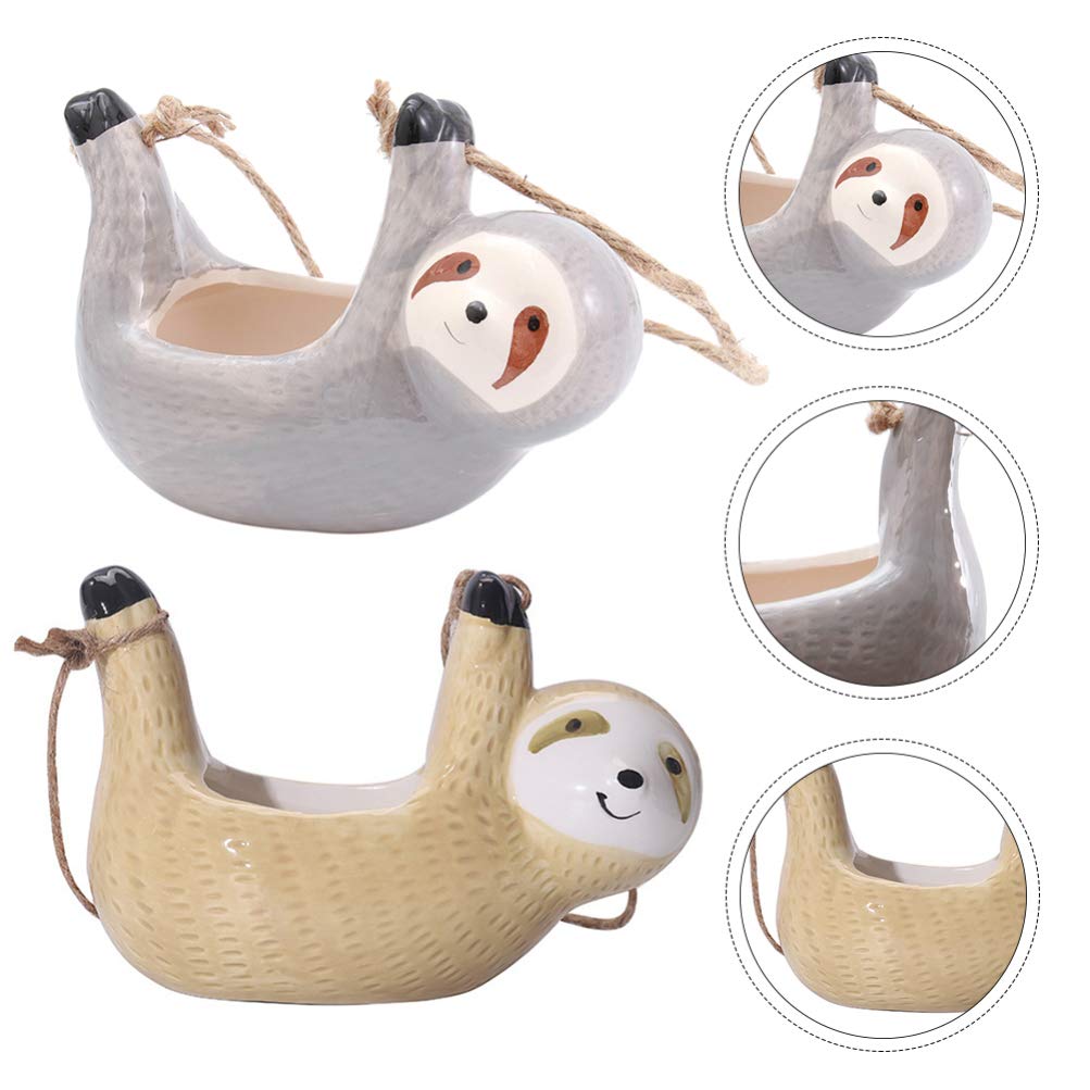 DOITOOL 2PCS Ceramic Hanging Sloth Planter Pot - Cute Succulent & Cactus Flower Pot for Indoor & Outdoor Plants (16 X 10CM) - Perfect for Home Decor, Garden, Balcony, and Office Plant Display