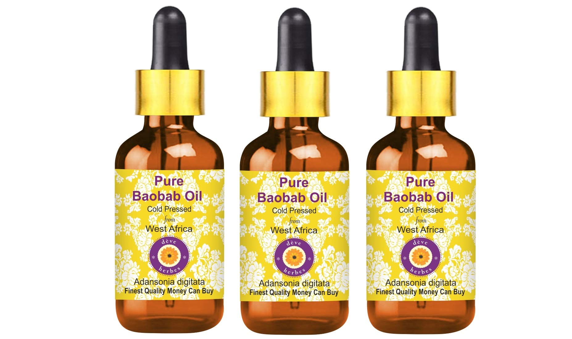 **Pure Baobab Oil (Adansonia digitata) – Cold Pressed, 100ml x 3 (10 oz) with Glass Dropper – Natural Hair & Skin Moisturizer for Dryness, Aging & Scalp Care**