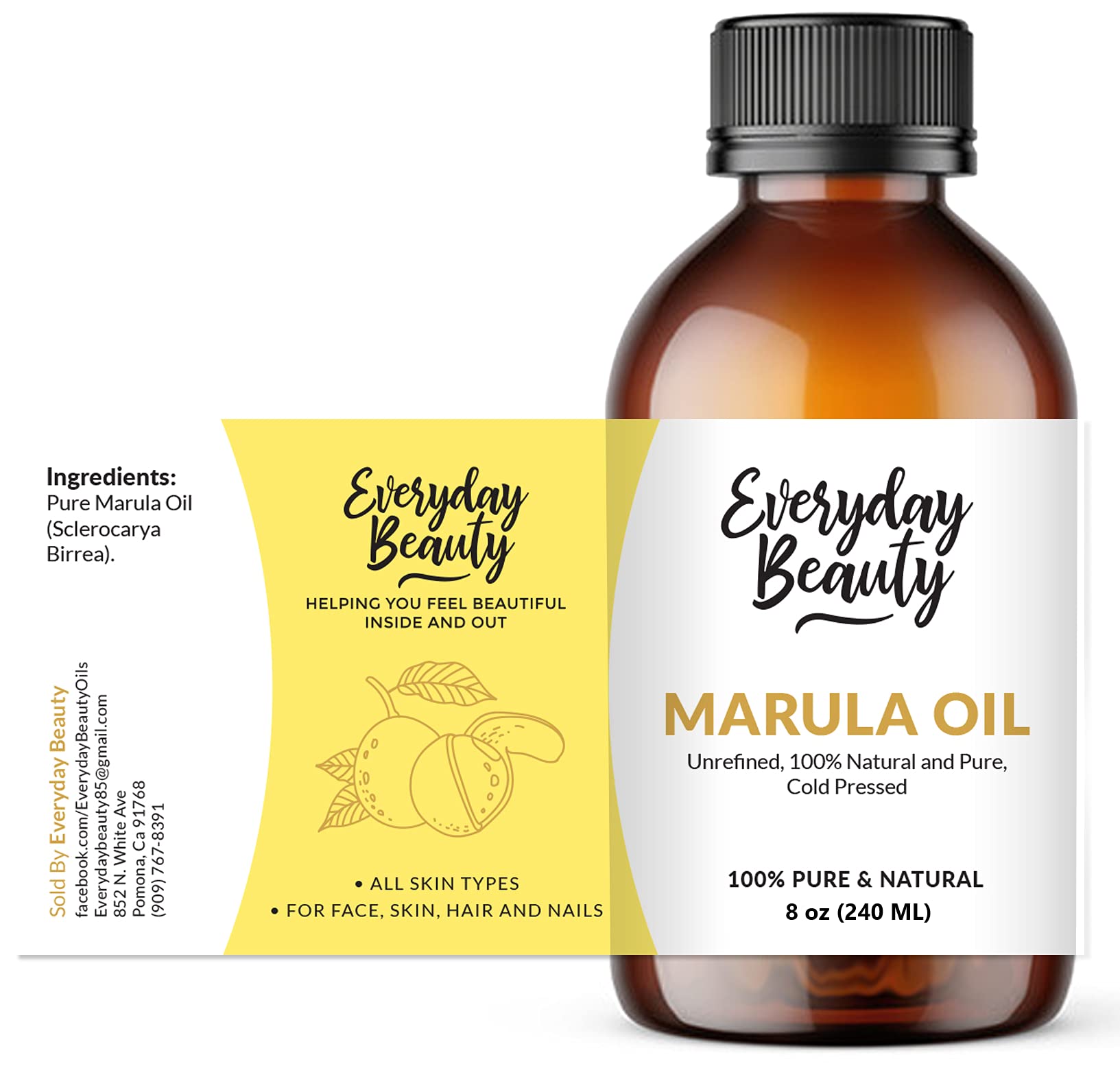 100% Pure Extra Virgin Unrefined Marula Oil - 8 Fl Oz Cold Pressed Luxury Facial Oil for Glowing Skin & Healthy Hair | All Natural DIY Cosmetics | Perfect for Daily Skincare Routine, Hair Treatment & Natural Beauty Products