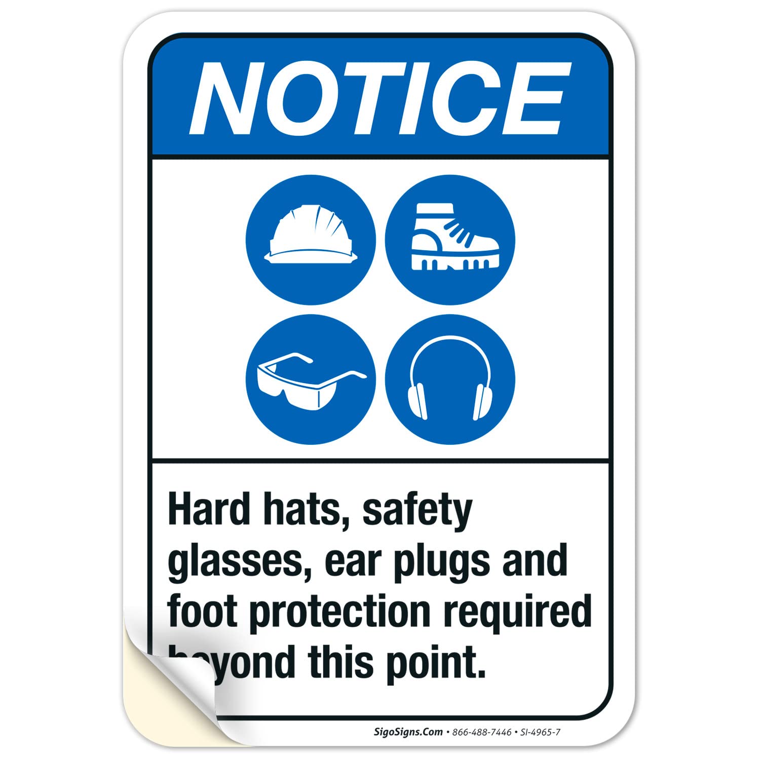 ANSI Safety Sign - Hard Hats, Safety Glasses, Ear Plugs & Foot Protection Required - 10x7 Inch Vinyl Decal Sticker - Weatherproof & UV Resistant - Made in USA - Perfect for Construction Sites, Warehouses & Industrial Workplaces