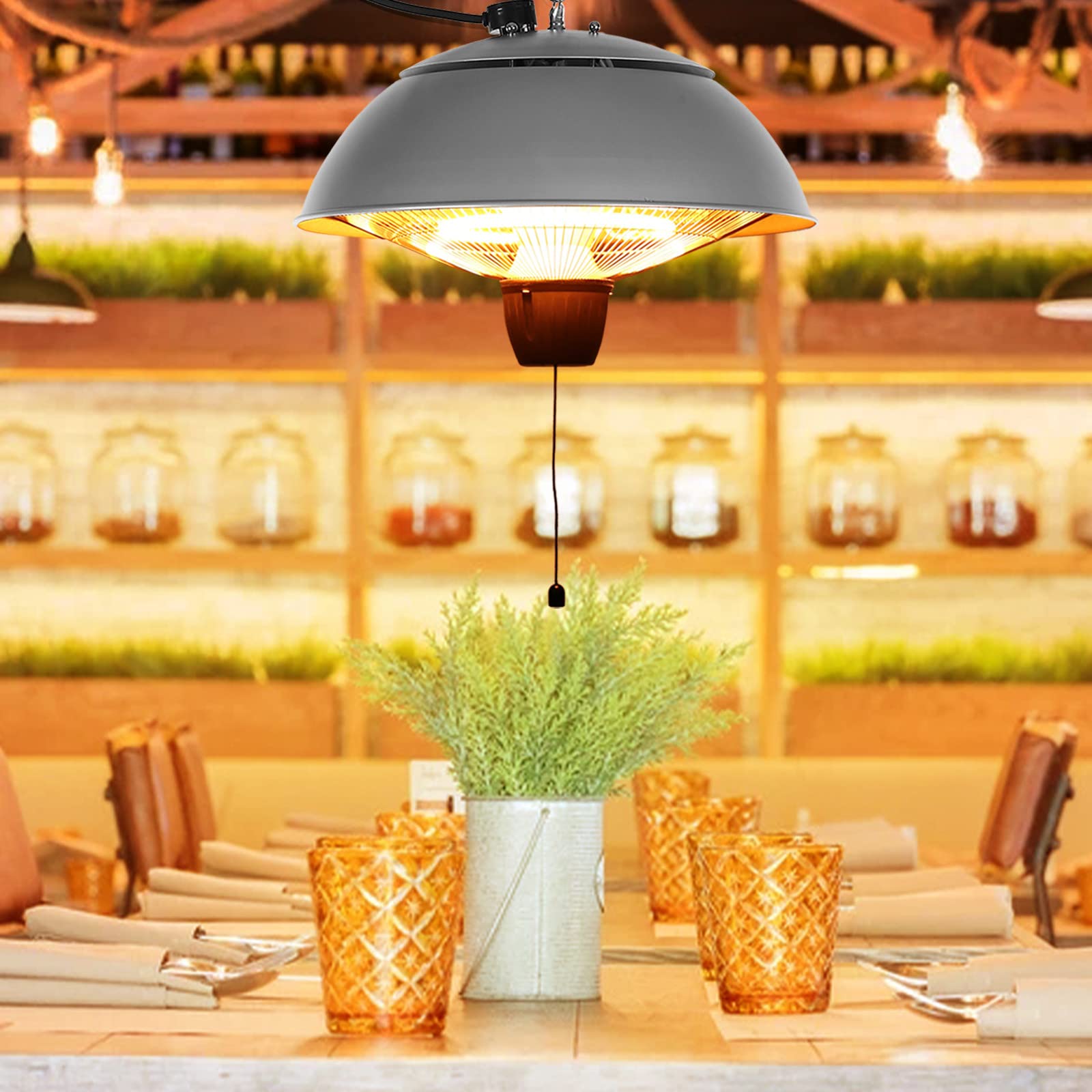 Syneyper Infrared Patio Hanging Heater - 1500W Waterproof Electric Outdoor Heater with Ceiling Mount, 2 Adjustable Power Settings (Silver, 43x43x33cm) - Perfect for Restaurants, Backyards, Garages & Covered Patios