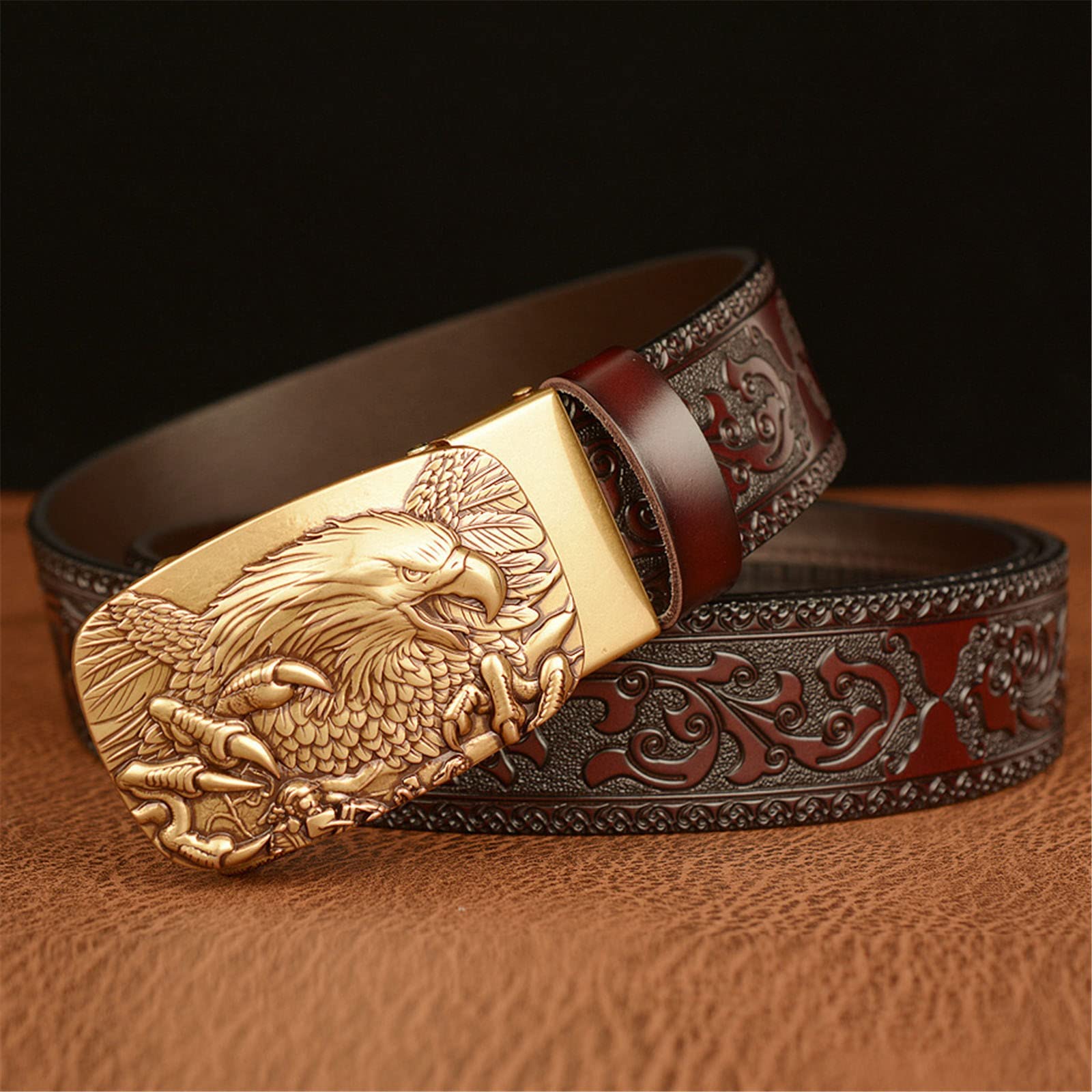 Men's & Women's Leather Belt with Eagle Automatic Buckle - Western Style Carved Pattern Design for Jeans & Casual Wear | Perfect for Everyday Outfits, Office Attire & Western Fashion