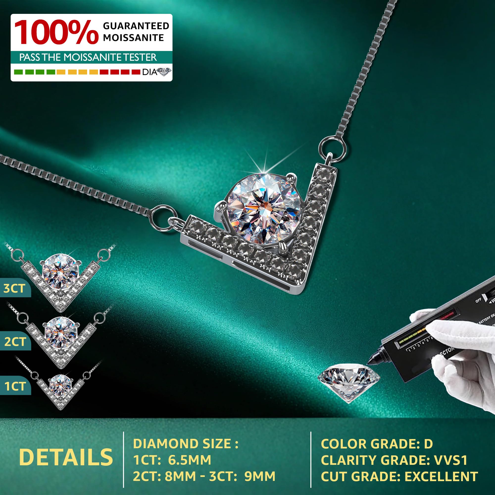 1-3 Carat Moissanite Pendant Necklace for Women - Elegant Jewelry Gift for Wife, Her, Mom - Perfect for Birthday, Anniversary, Valentine's Day & Special Occasions