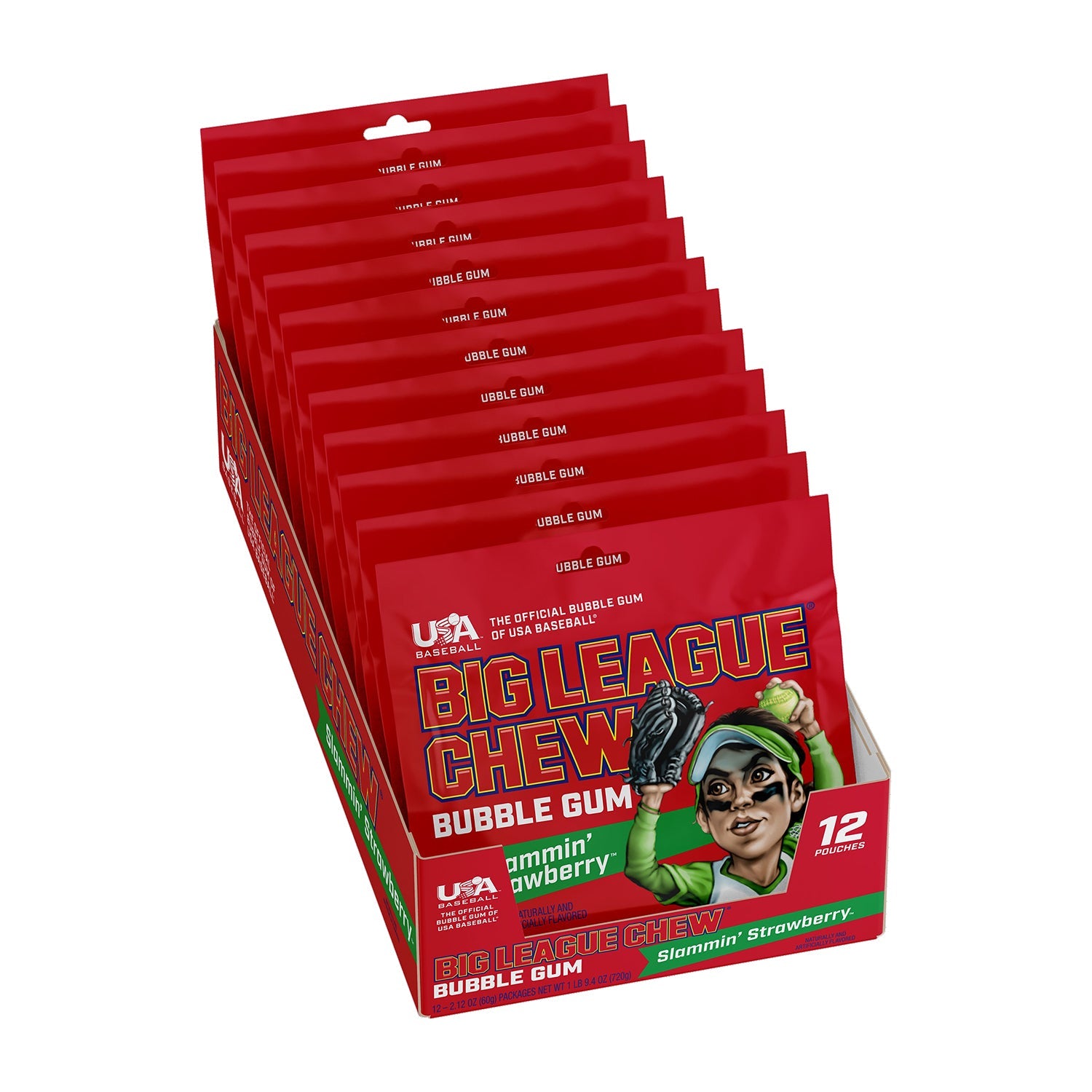 Big League Chew Bubble Gum Slamin' Strawberry Flavor - 2.12oz (12 Count) | Chewing Gum for Baseball Games, Sports Events & On-The-Go Snacking