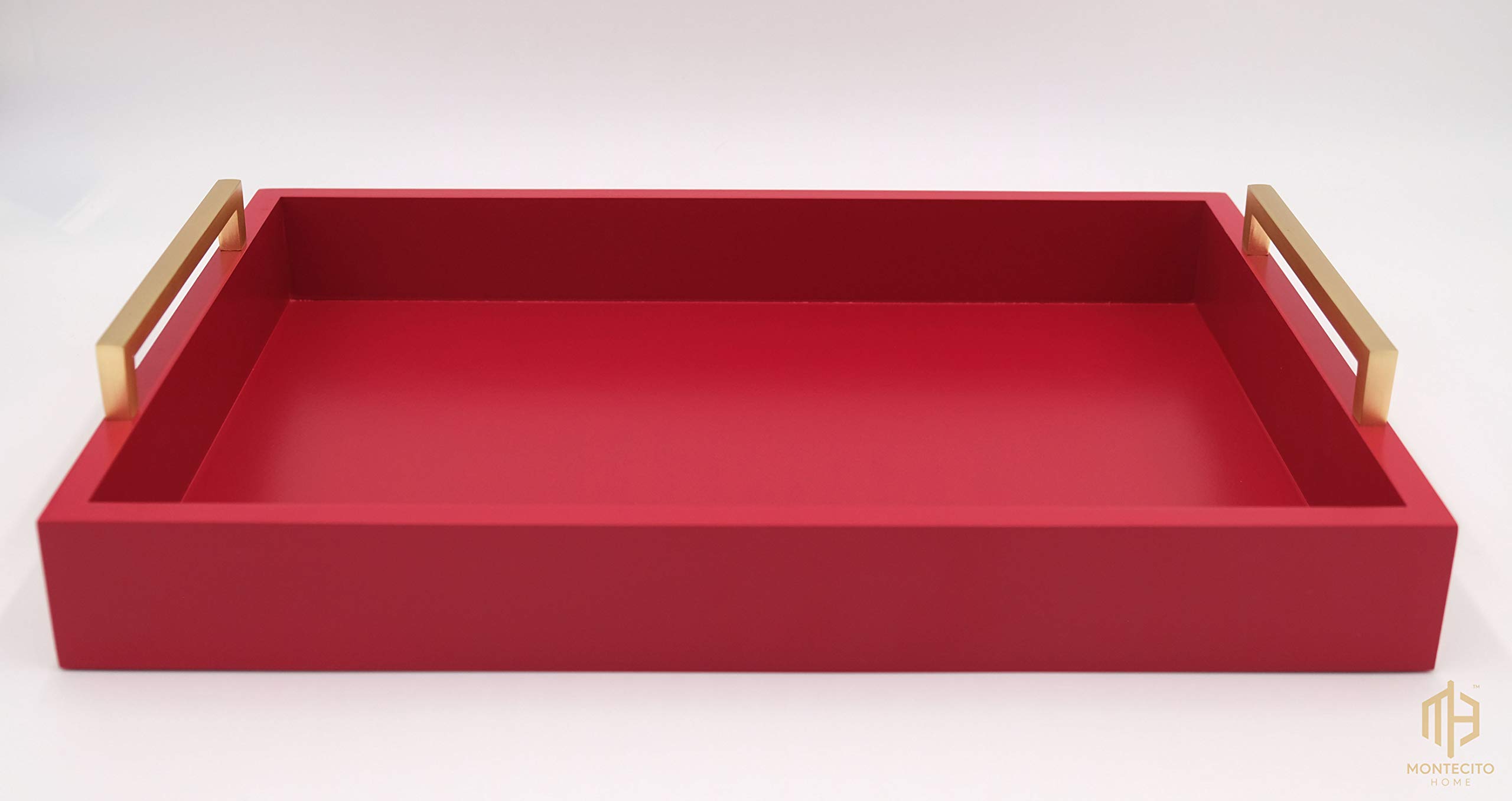 Farmhouse to Modern Decorative Coffee Table Tray with Champagne Gold Handles - Ottoman Serving Tray for Breakfast, Drinks & Liquor - Matte Finish Crimson Red - Perfect for Living Room, Bedroom & Home Decor