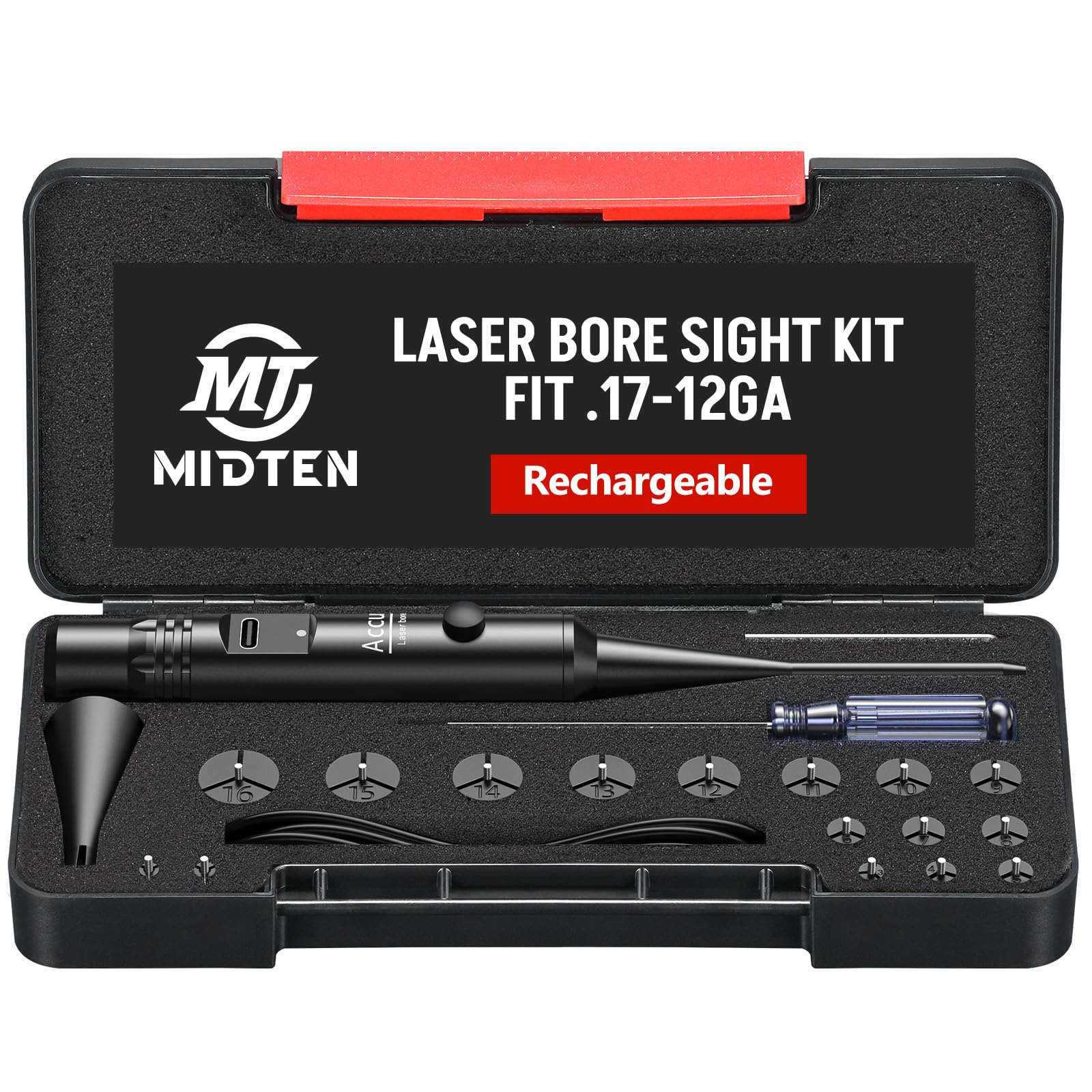 MidTen Rechargeable Red/Green Laser Boresighter Kit for .17-12GA - Professional Bore Sight Tool with Multiple Adapters, Rechargeable Battery & Button Switch - Perfect for Rifle, Shotgun & Handgun Sight Alignment at Home or Range