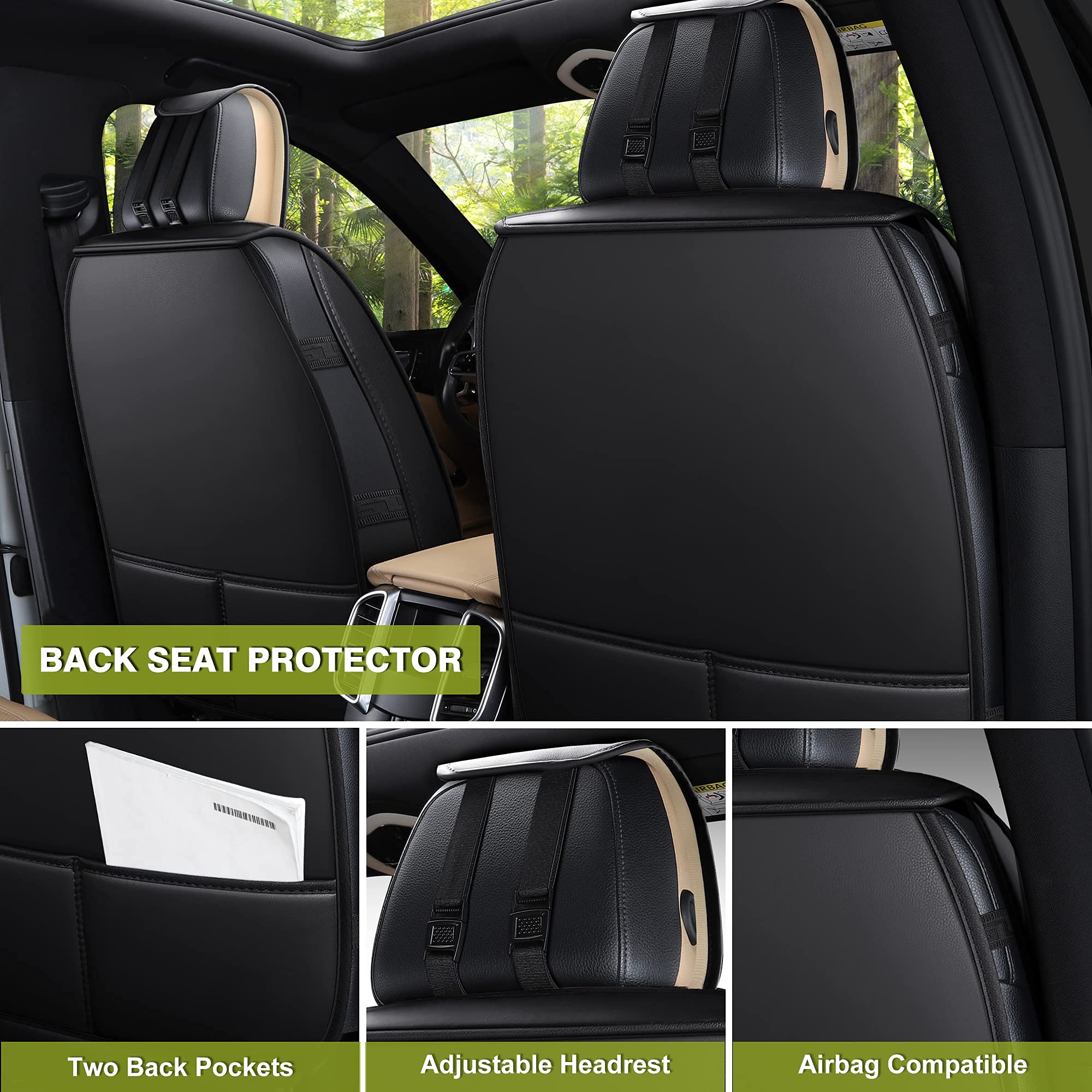 Premium AOOG Leather Car Seat Covers - Universal Fit Leatherette Automotive Seat Protectors for Cars, SUVs & Trucks | Non-Slip Vehicle Interior Accessories (Full Set, Black) | Perfect for Daily Commute, Road Trips & Family Travel