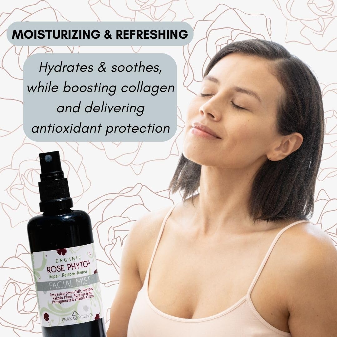 Organic Vegan Rose Phyto³ Water Facial Spray - Hydrating Face Mist & Makeup Setting Spray, Soothing Rosewater Toner for Dry Skin, Perfect for Facial Massage & Post-Workout Refreshment (4oz)