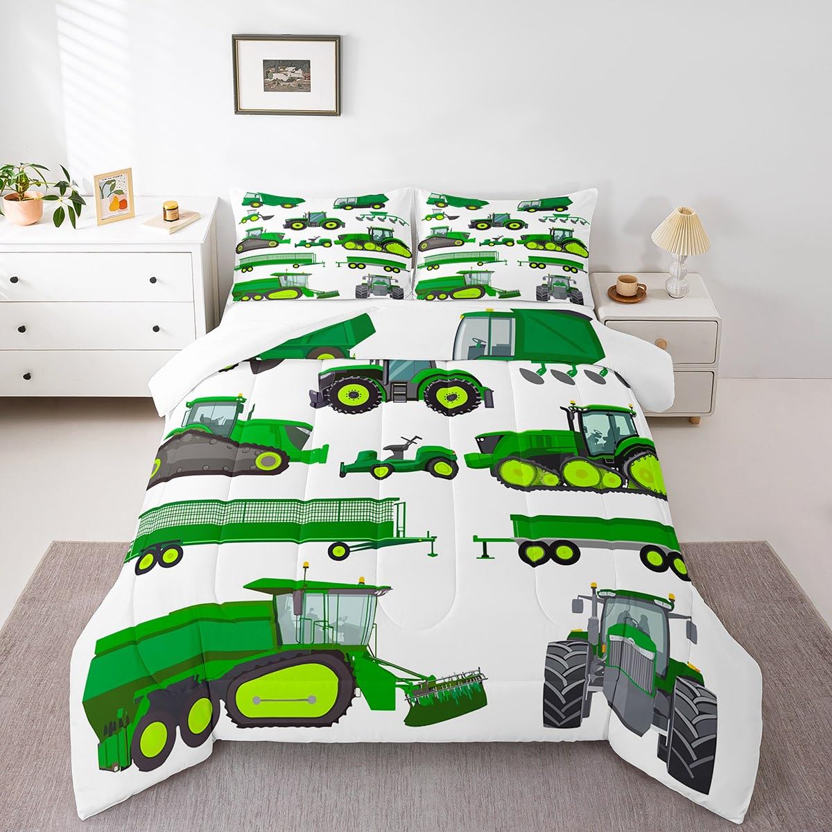 Kids Construction Truck Comforter Set Full Size - Boys Tractor & Excavator Bedding, Farm Machinery & Crane Quilt for Boys Girls Teens - Perfect for Construction Theme Bedrooms & Playrooms