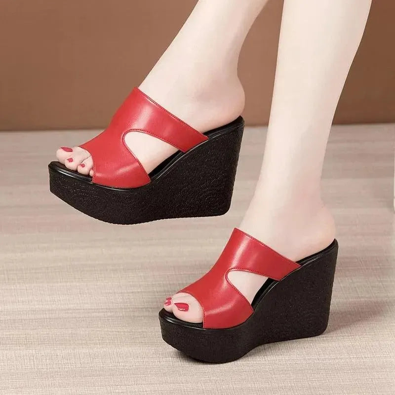 Comfortable Slip-On Leather Wedge Sandals for Women - Stylish Summer Casual Shoes for Beach, Travel & Everyday Wear