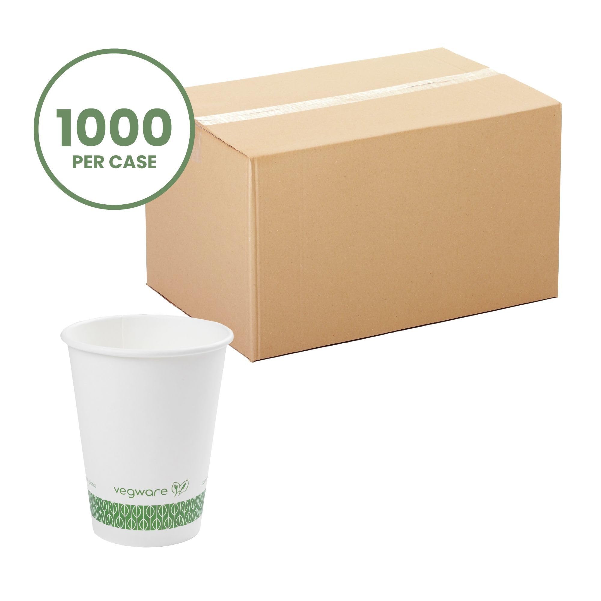 Eco-Friendly 12oz White Hot Cups by Vegware | Compostable Green & White Disposable Coffee Cups for Home, Office, and Cafes