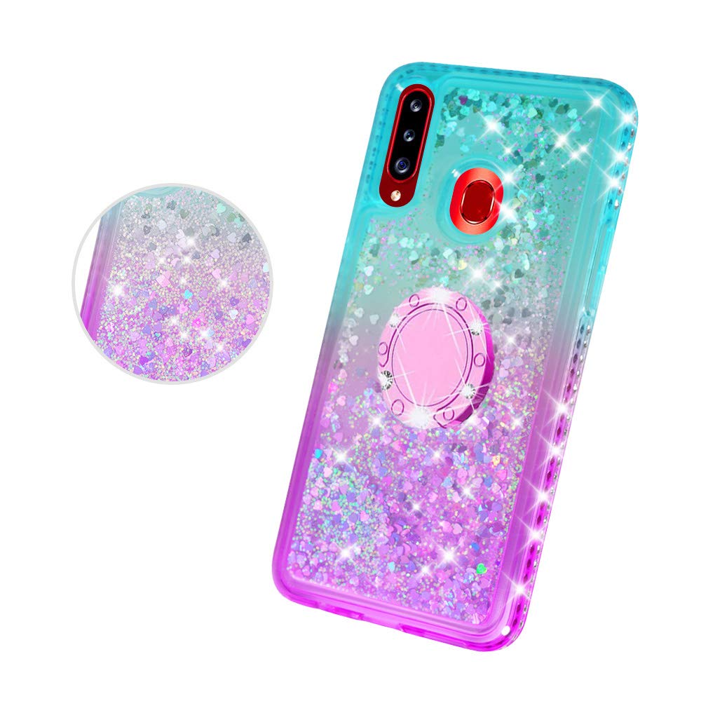 SOGA Rhinestone Liquid Quicksand Phone Case for Samsung Galaxy A20S - Sparkly Glitter Protective Cover with Magnetic Ring Holder for Car Mount & Lanyard, Purple Teal Gradient Design - Perfect for Girls, Teens, Everyday Use & Gift Giving