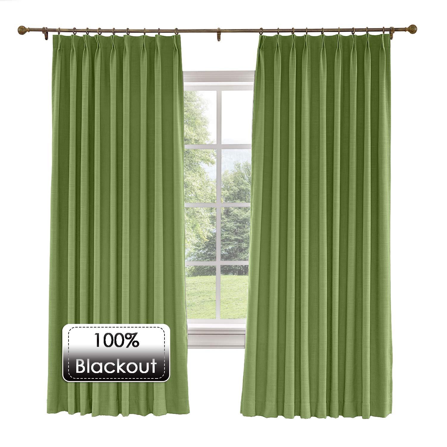 Extra Wide Blackout Thermal Insulated Linen Curtains - Darkening Pinch Pleat Drapes for Large Windows (120x96-inch, 1 Panel, Green) | Perfect for Living Room & Floor-to-Ceiling Windows | Noise Reduction & Energy Saving for Home & Office