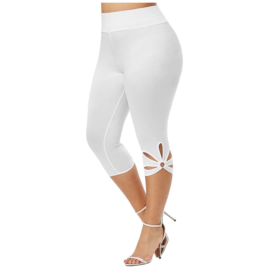KCocoo Women's Plus Size High Waisted Capri Yoga Pants - Butt Lifting, Tummy Control, Floral Print with Calf Cut Out Design for Workout, Lounge & Summer Wear