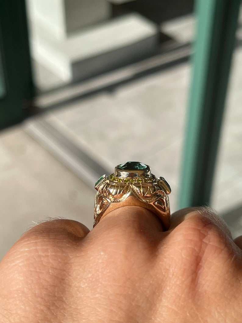 4.18tcw 14K Gold Colombian Emerald Cushion Cut & Princess Cut Yellow Diamond Accent Men's Ring for Wedding, Engagement & Special Occasions