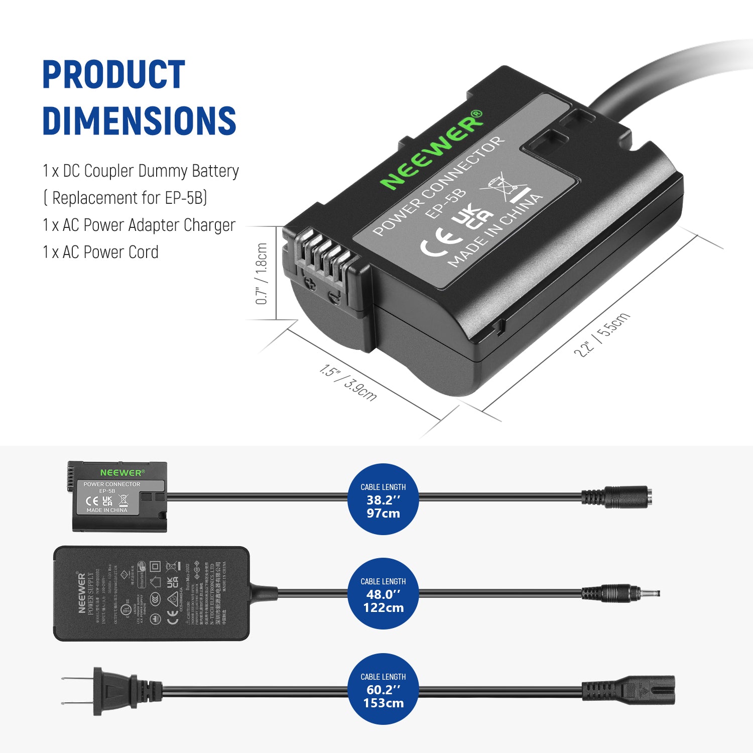 NEEWER EP 5B/EN EL15 Replacement Dummy Battery Charger Kit for Nikon DSLR Cameras - Perfect for Continuous Power Supply in Studio Photography & Video Recording