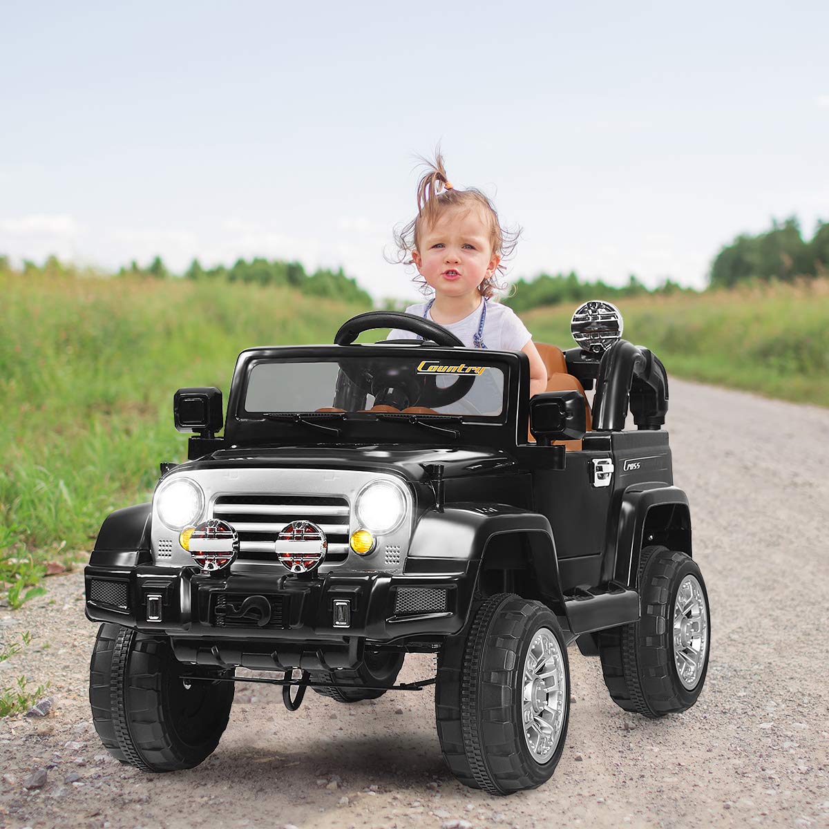 HONEY JOY 12V Battery Powered Ride On Truck for Kids with Remote Control, MP3 Player, Music, Horn & LED Lights - Electric Car with Spring Suspension & Open Doors for Boys & Girls (Black) | Perfect for Outdoor Play, Birthday Gifts & Family Fun