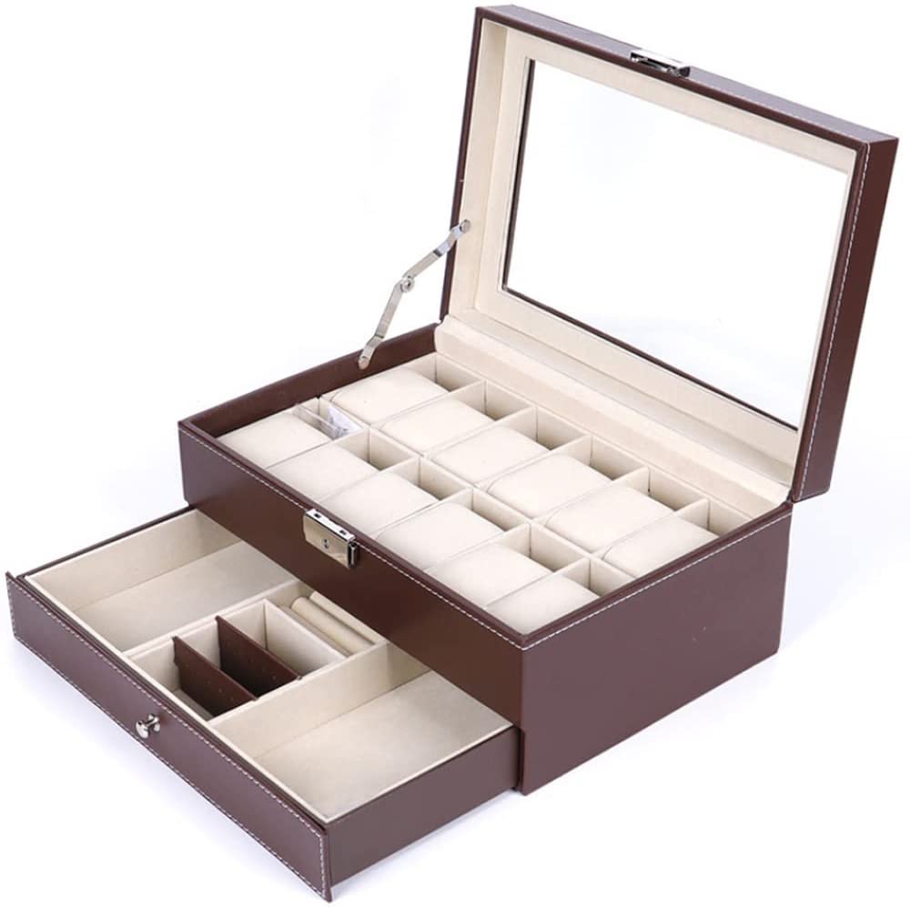 12-Slot PU Leather Lockable Watch and Jewelry Organizer Box - Brown | Secure Storage for Luxury Watches, Rings & Necklaces | Perfect for Travel, Home & Gift Giving