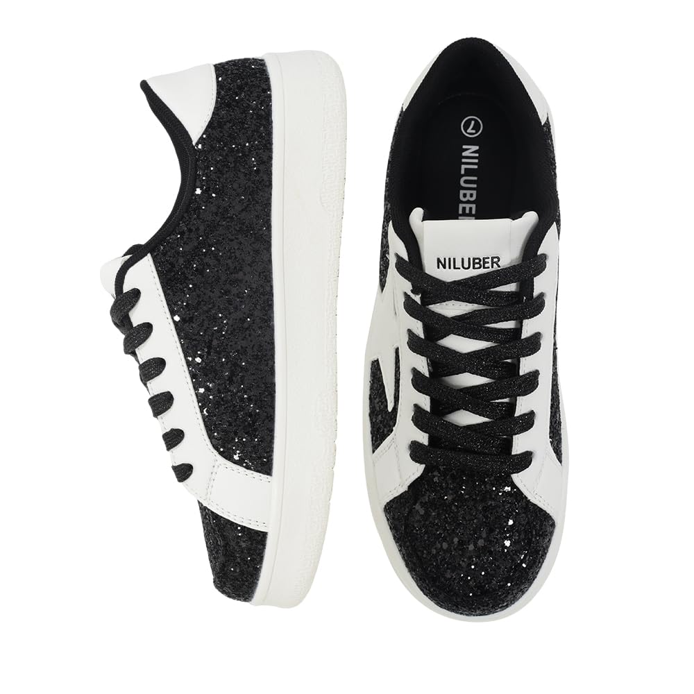 Niluber Women's Low Top Comfortable Cushioned Sneakers - White, Gold, Silver & Leopard Print Platform Shoes with Lace Up Design | Perfect for Party, Casual Wear & Everyday Fashion (Red Glitter Option Available)