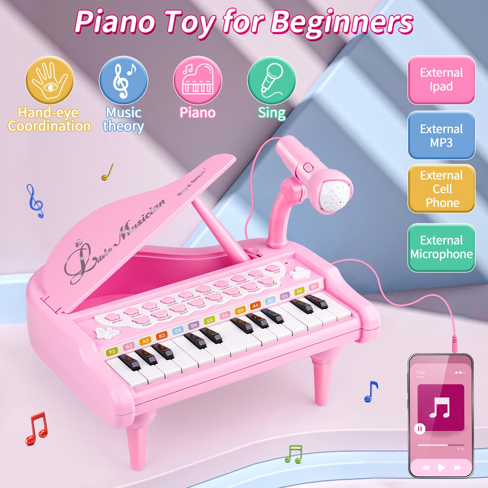 Pink Toy Piano for Toddlers - Amy&Benton Kids Keyboard Musical Instrument for 1 2 3 Year Old Girls | Perfect Birthday Gift & Early Learning Toy for Nursery, Playroom & Preschool