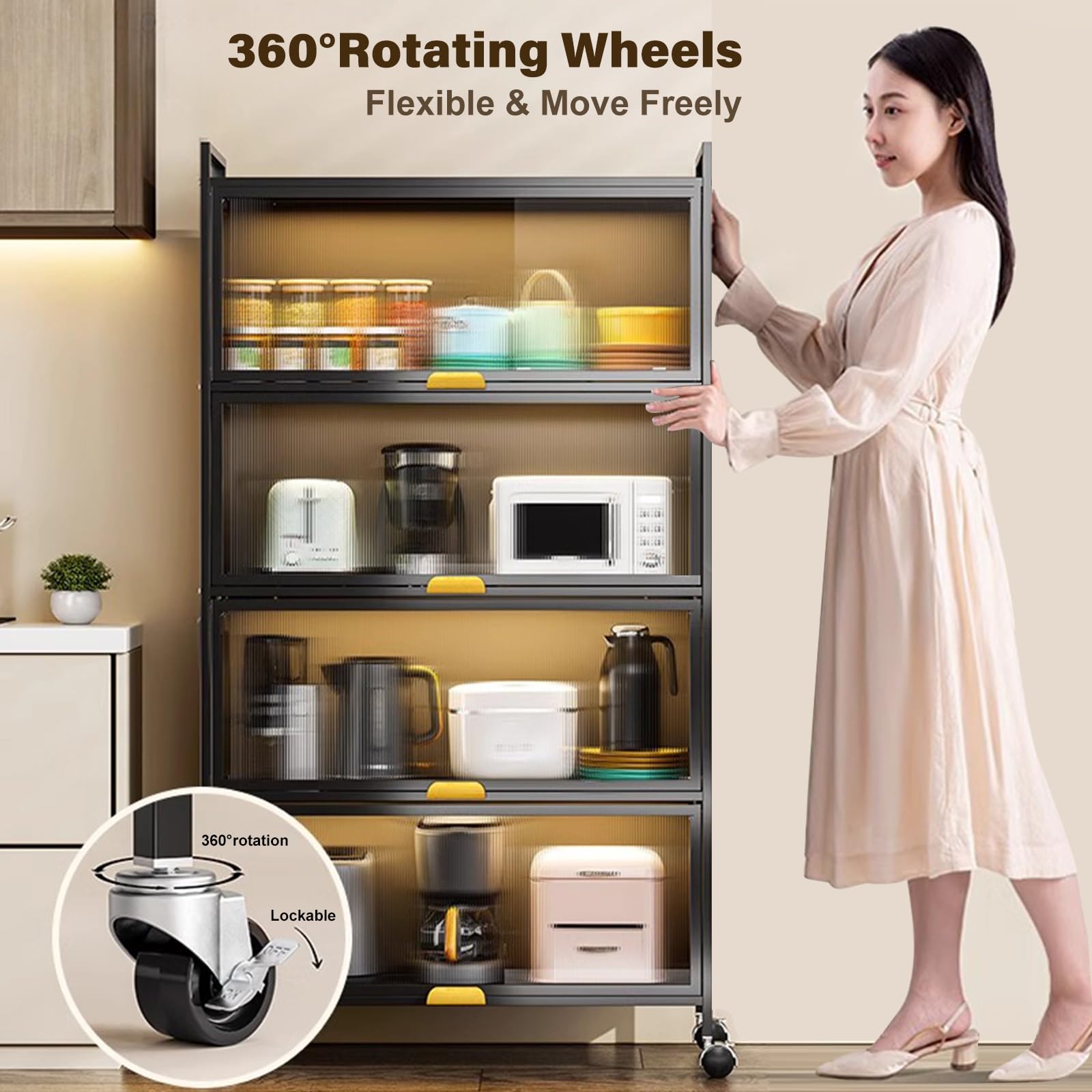 5-Tier Kitchen Storage Cabinet with Transparent Flip Door & Wheels - Bakers Rack, Microwave Stand for Kitchen, Dining & Living Room - Space-Saving Organizer for Small Spaces