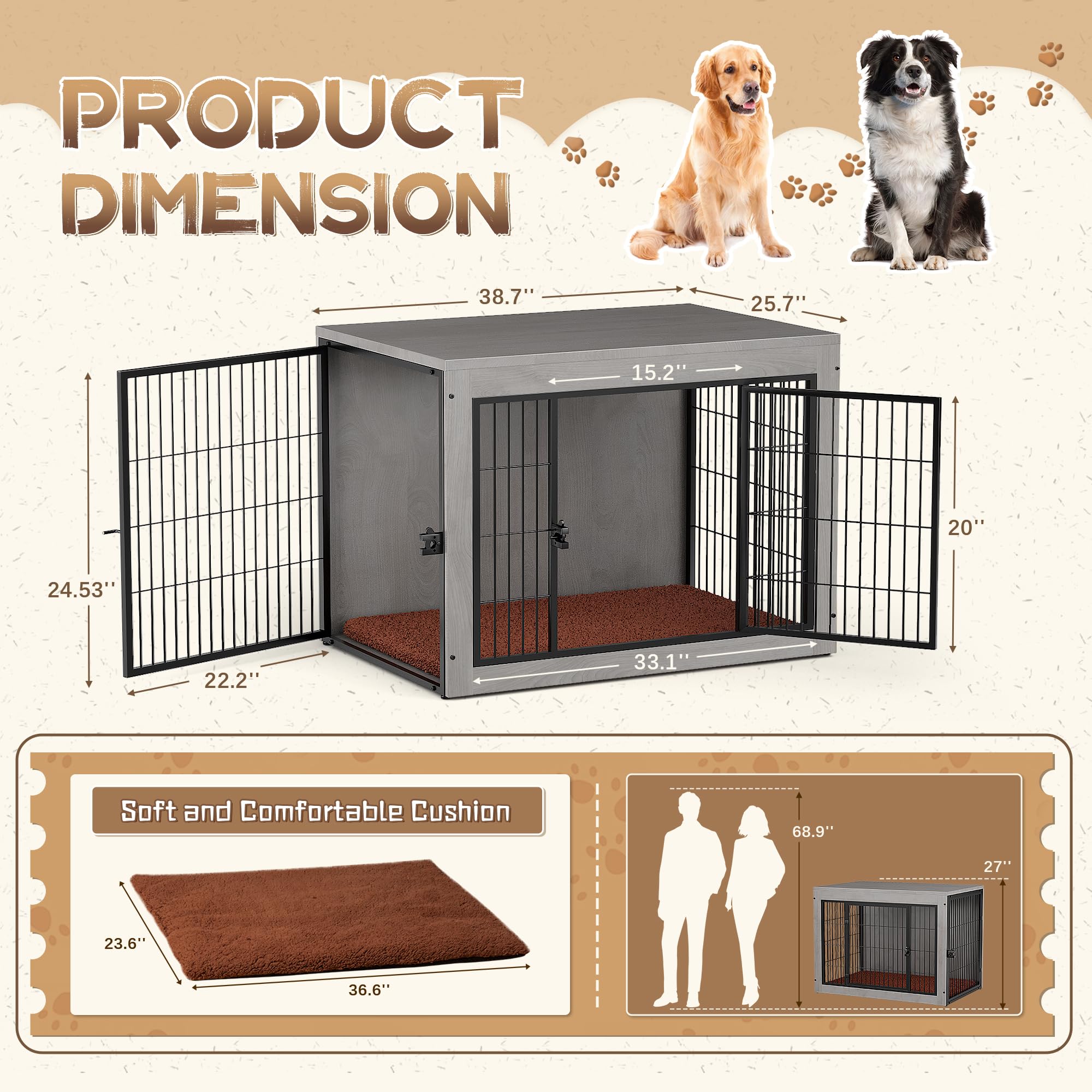 **Stylish Grey Dog Crate Furniture with Soft Cushion - Double Door Indoor Dog Kennel & Side End Table - Easy Assembly Pet House for Small, Medium, Large Dogs (38.8