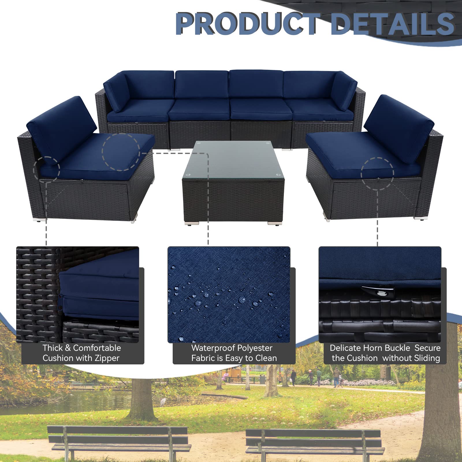 7-Piece Outdoor Patio Furniture Set - Black/Brown Wicker Sectional Sofa with Dark Blue Cushions & Tempered Glass Table - Perfect for Backyard, Garden, Poolside & Patio Relaxation