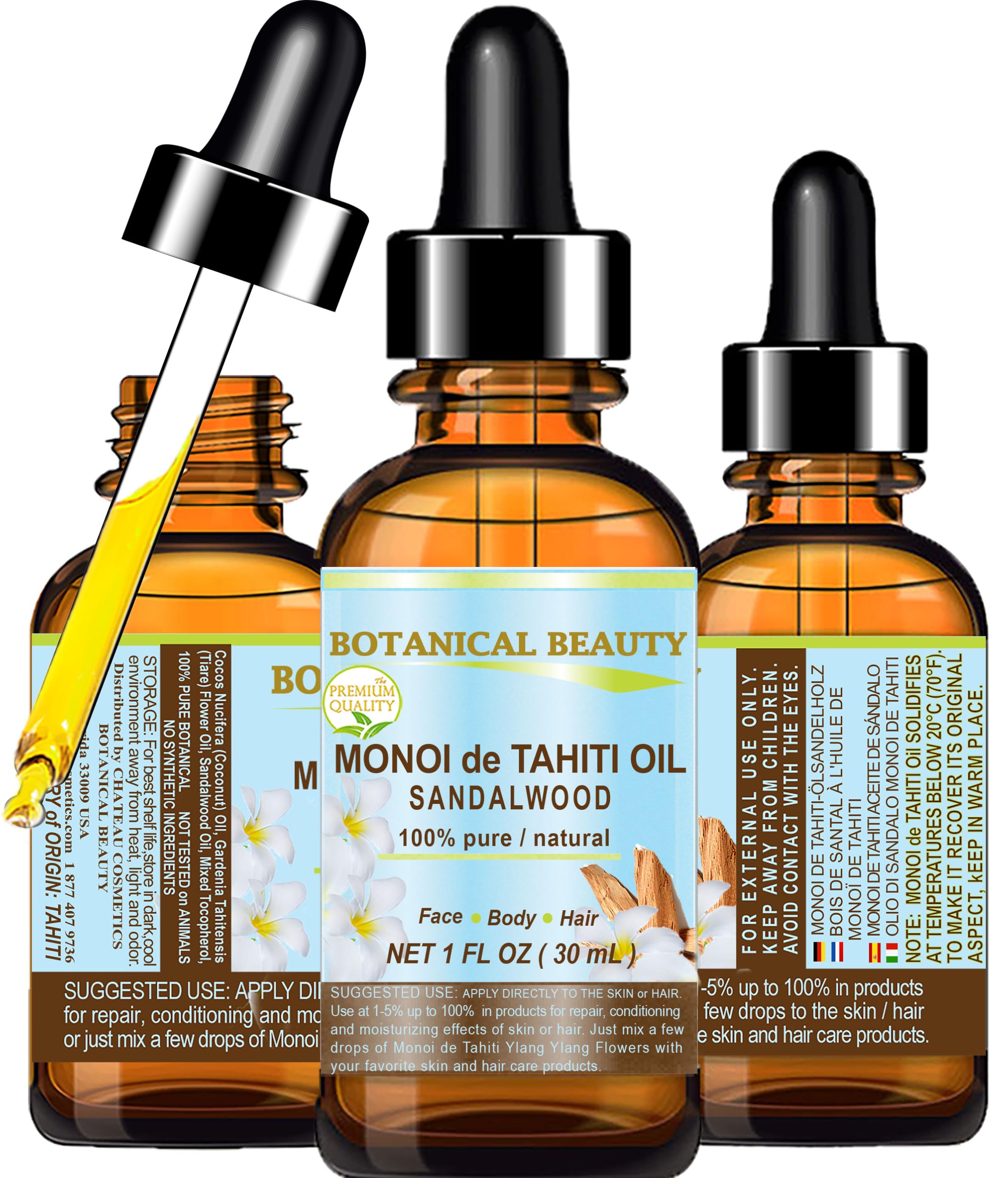 100% Pure Botanical Beauty MONOI de TAHITI Sandalwood Oil - 1 Fl.oz (30ml) for Skin, Face, Hair & Nail Care | Natural Moisturizer & Aromatherapy Oil for Massage, Spa & Relaxation