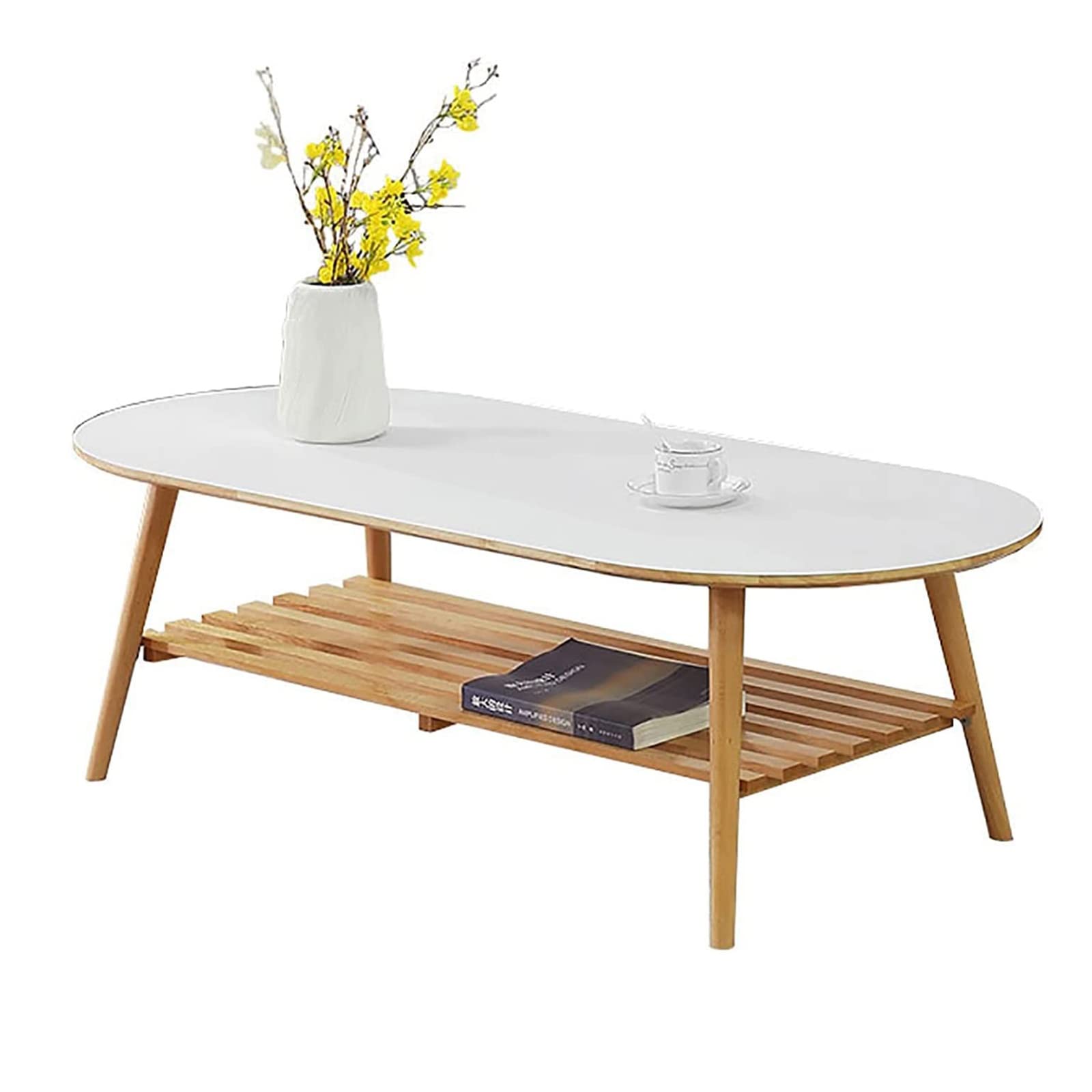 Japanese Double-Layer Coffee Table - Oval Solid Wood Side Table for Sofa, Small Apartment, Study Room | Leisure Tea Table in White (H45cm) | Perfect for Living Room, Bedroom & Office Decor