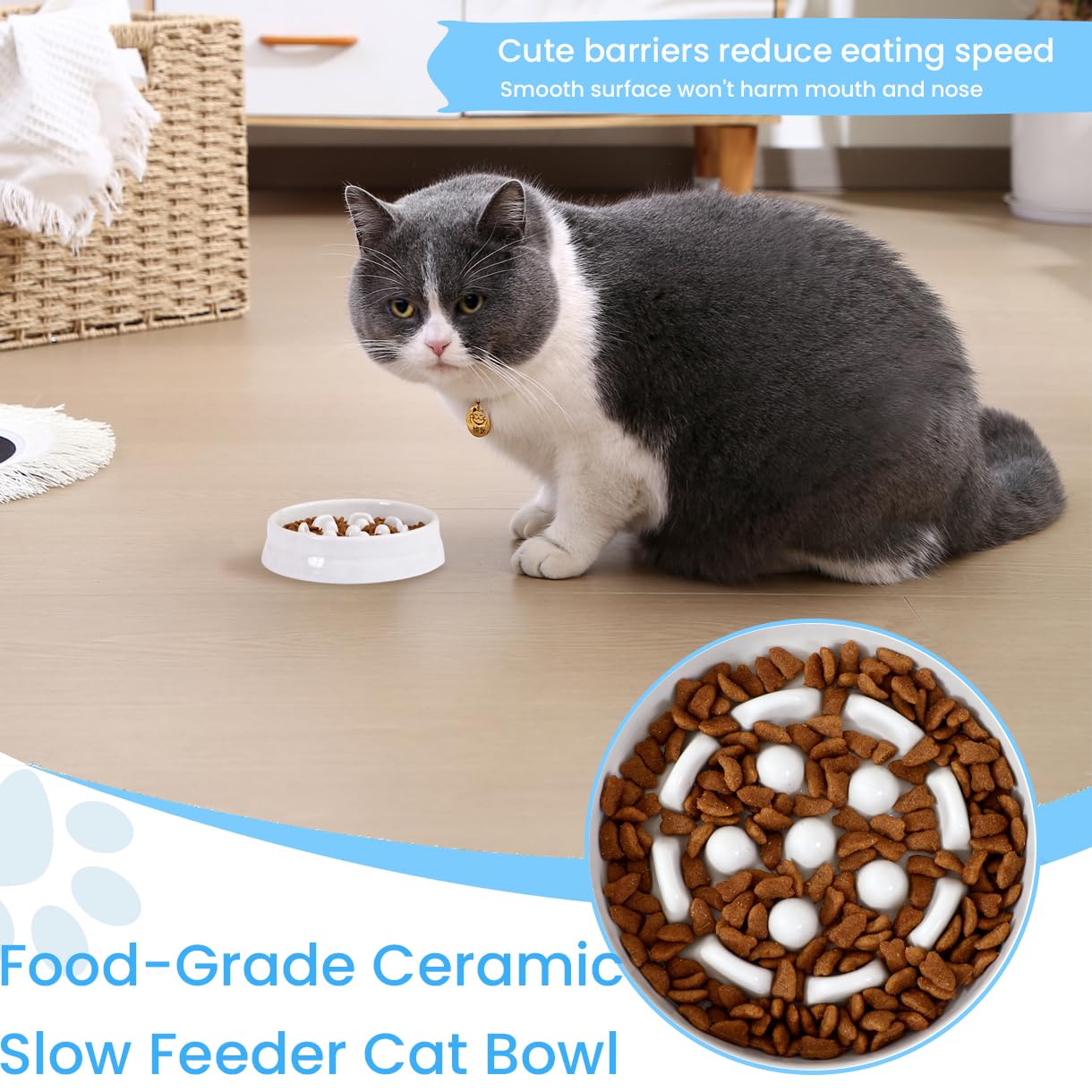 Ceramic Cat Slow Feeder Bowl - Non-Spill Puzzle Feeder with High Edges for Healthy Eating - Perfect for Kittens & Puppies (Dry & Wet Food) - Ideal for Portion Control & Digestion Aid During Mealtime