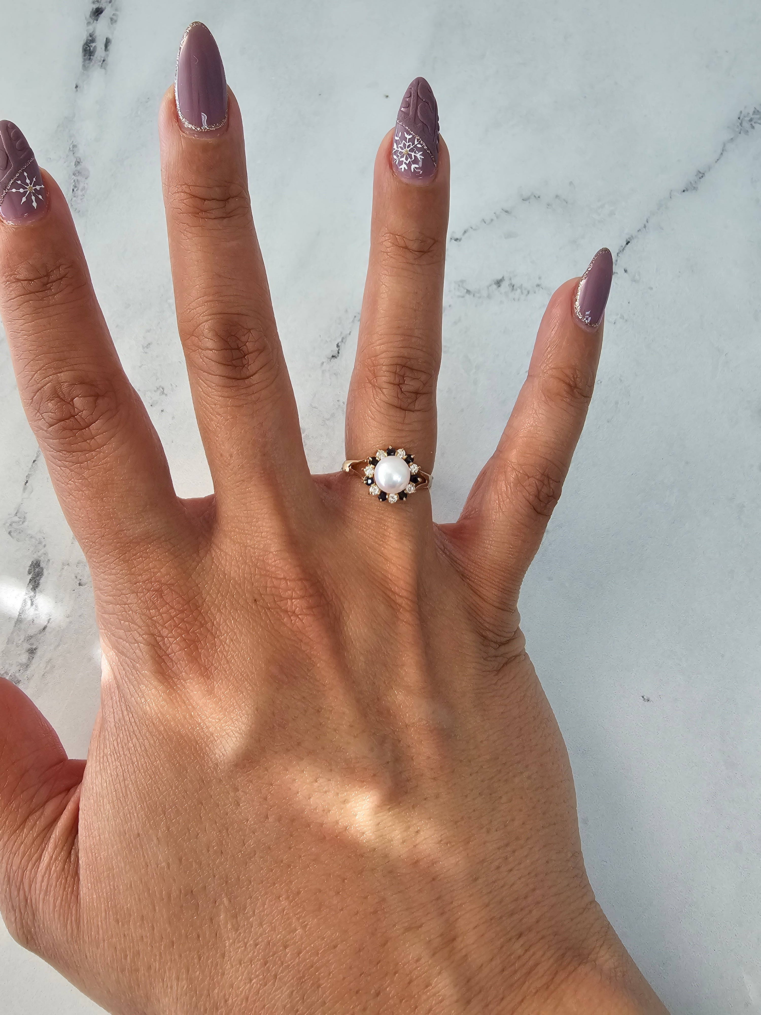 14K Yellow Gold Pearl and Diamond Sapphire Halo Ring - Elegant Bridal Jewelry for Weddings, Anniversaries & Special Occasions
