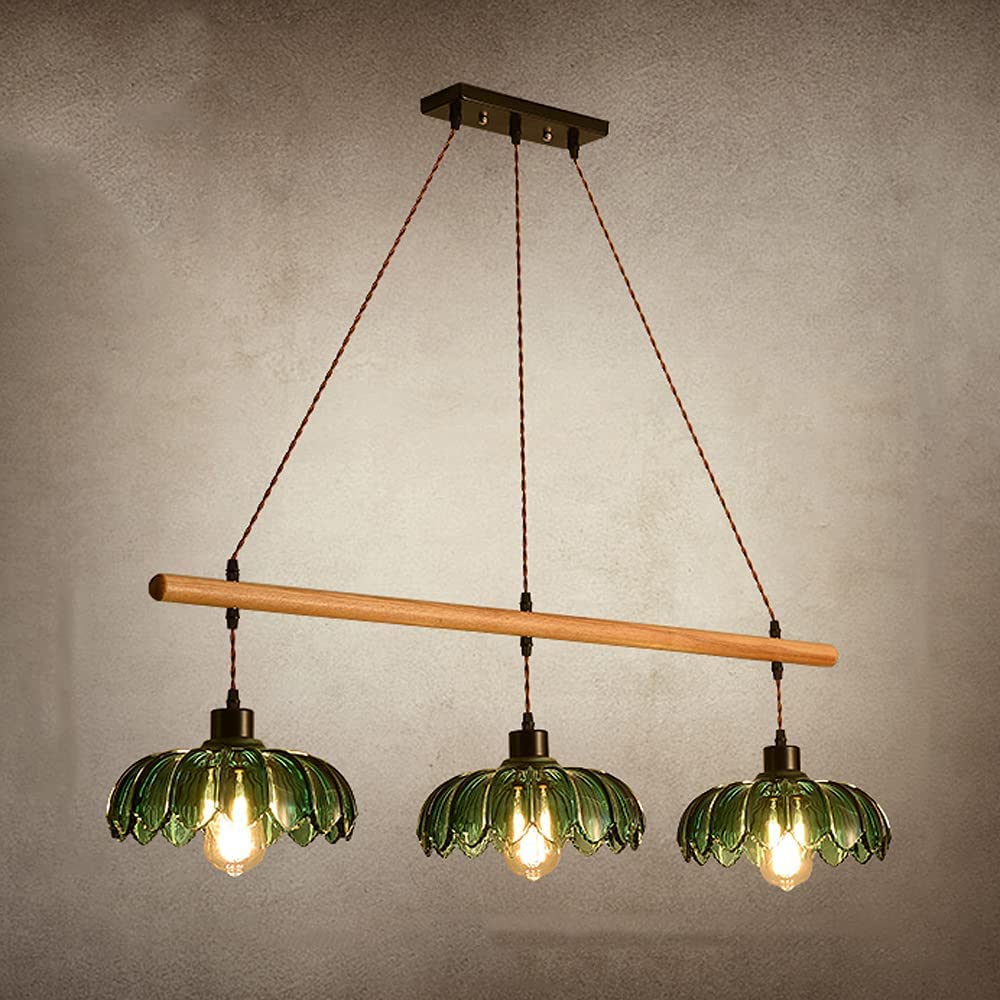 ACLBLK European Industrial Retro Farmhouse Style Hanging Ceiling Light Fixture - 100cm Adjustable Height, Glass Pendant Lights with E27 Bulb Socket, Rustic Wooden Pole Chandelier Shade - Perfect for Bar, Kitchen, Dining Room, Living Room & Bedroom Lighting