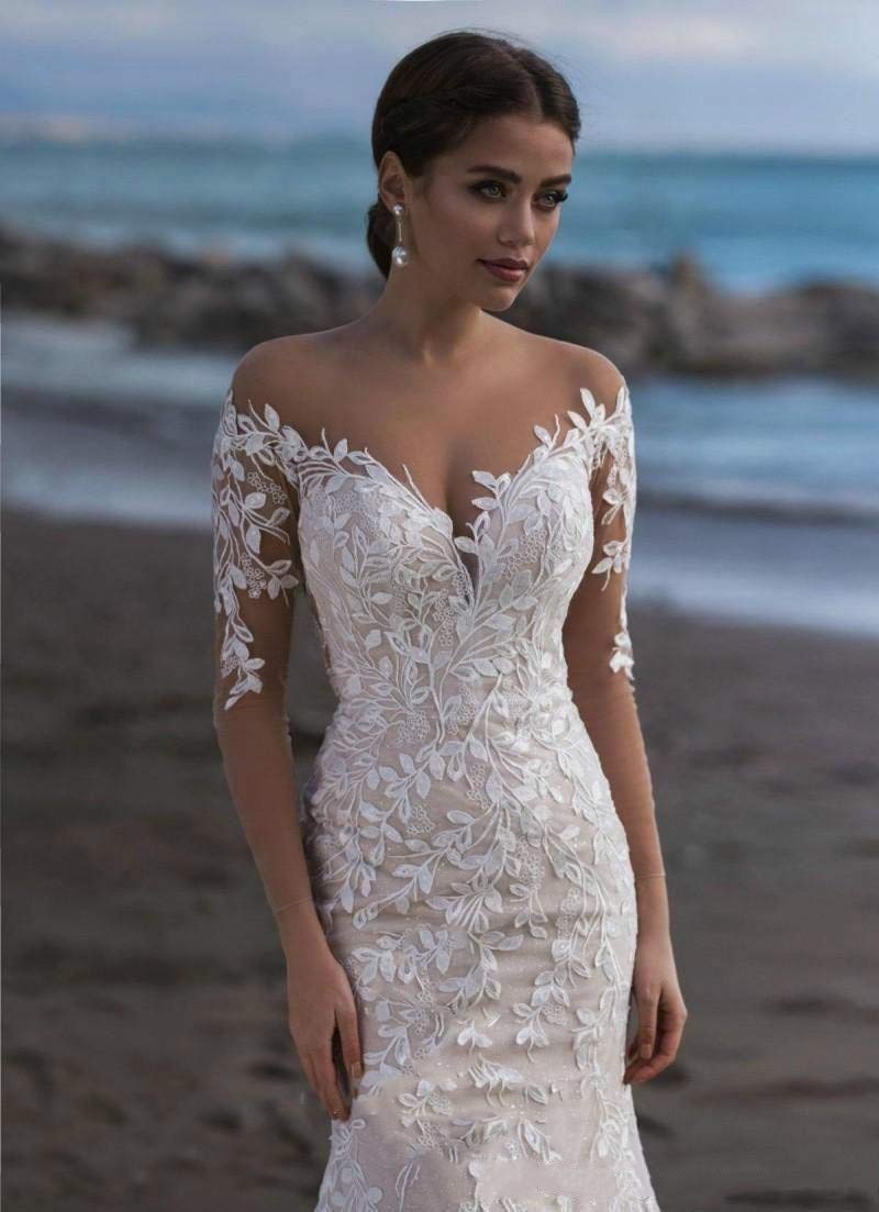 Elegant Ivory Mermaid Wedding Dress with Lace Appliques & Sheer Back - Perfect for Beach Weddings, Prom, and Formal Events