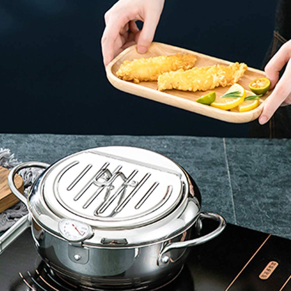 24cm Stainless Steel Deep Fryer with Thermometer, Lid & Oil Drip Rack - Nonstick Tempura Fryer Pot for Home Kitchen, Restaurants & Outdoor Cooking - Perfect for Chicken Wings, French Fries & Seafood