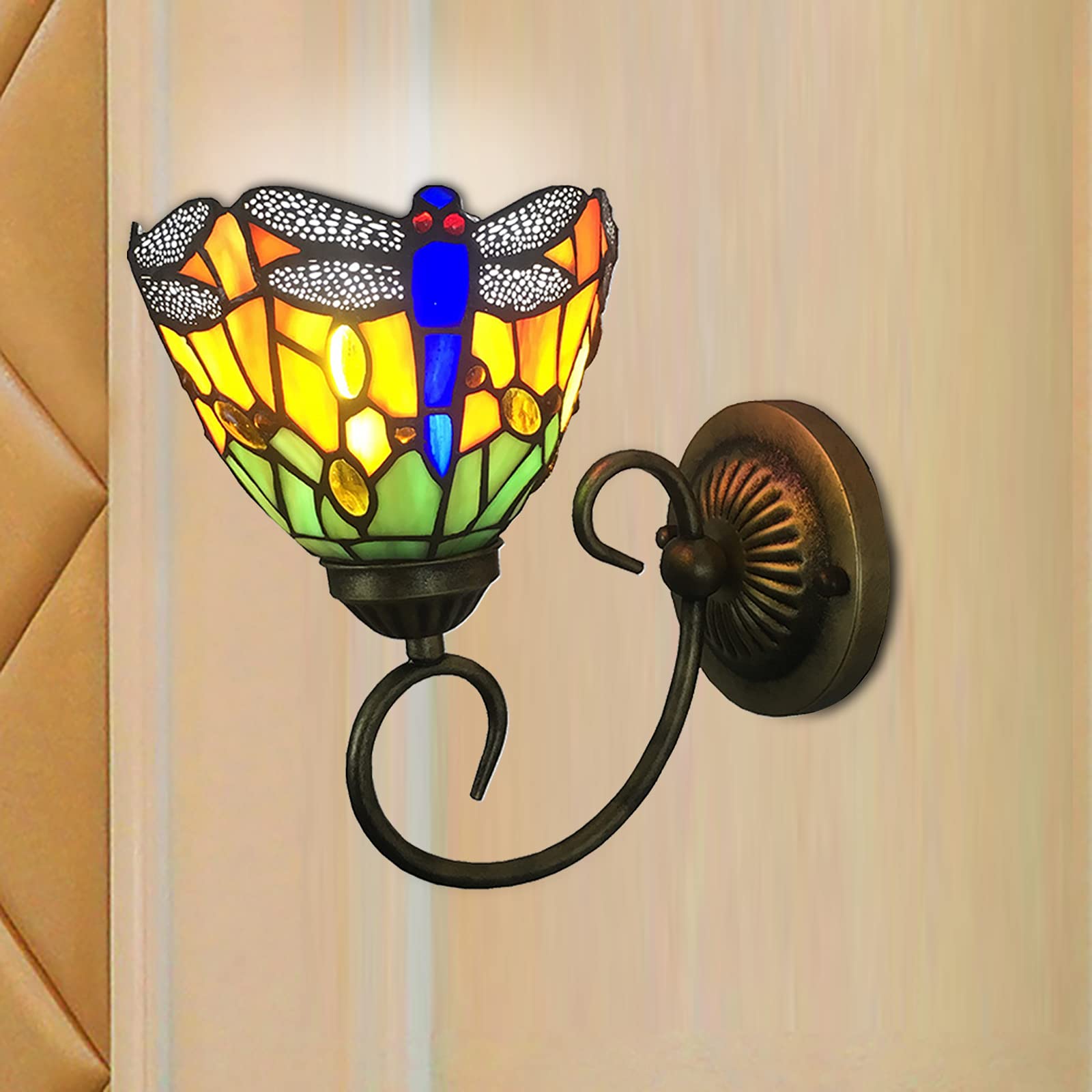 Tiffany Style Wall Lamp LED - Stained Glass Sconce with Dragonfly Design, E27 Base, 6 Inch Hallway Light for Bedroom & Living Room - Perfect for Corridor, Gallery, and Passageway Lighting