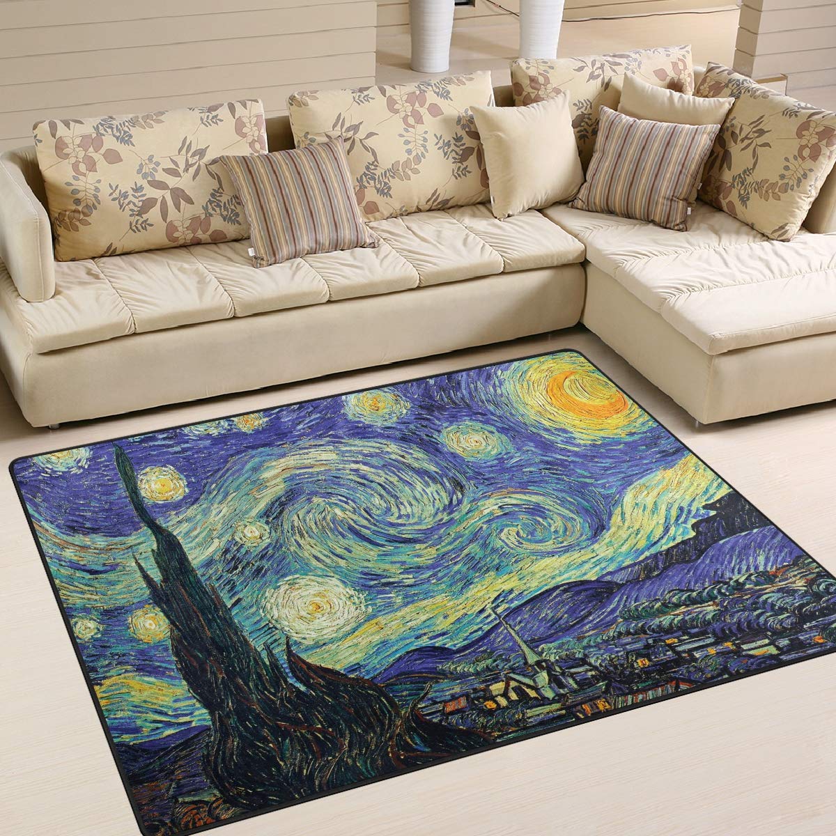 Van Gogh Starry Night Area Rug - 7' x 5' Non-Slip Oil Painting Inspired Living Room & Bedroom Rug - Perfect for Bohemian Decor & Artistic Home Décor