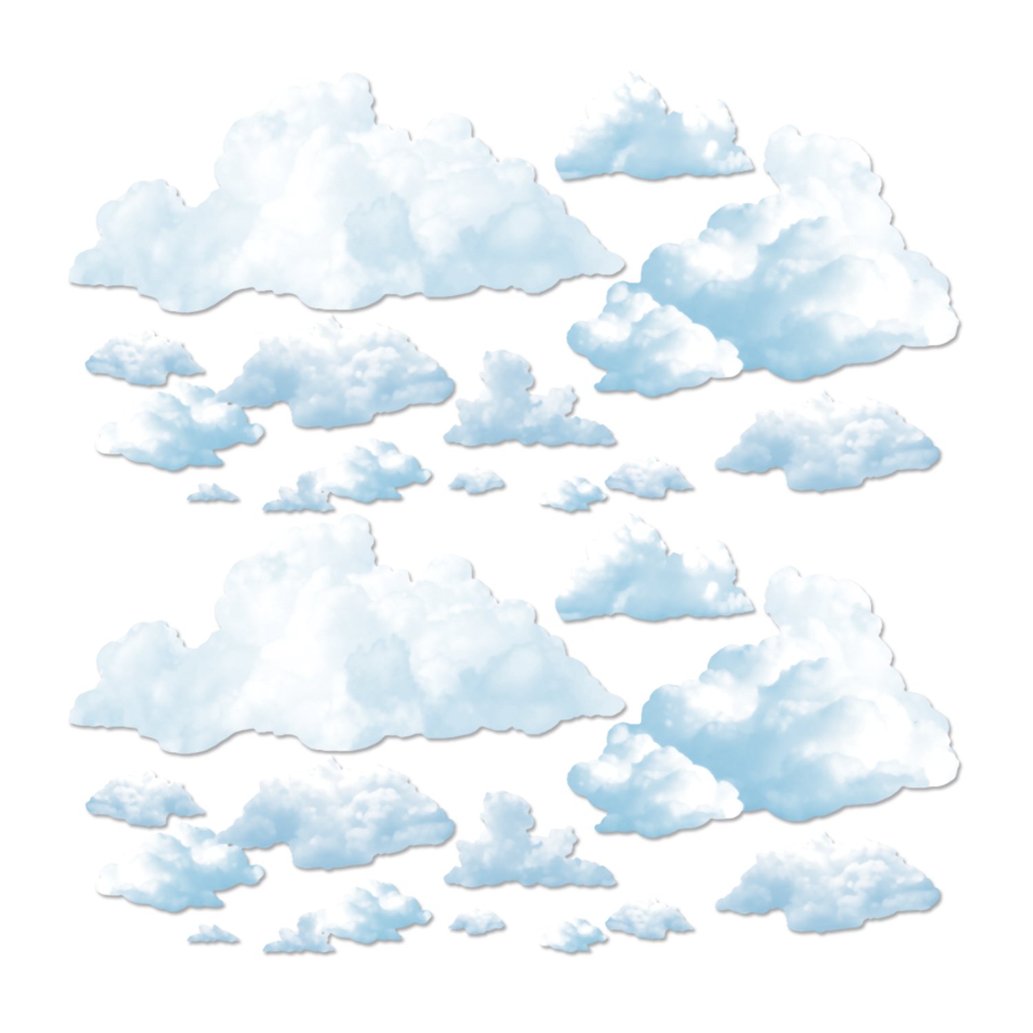 Beistle Realistic Fluffy Wall Clouds - 24-Pack Thin Plastic Cloud Cutouts for Photo Backdrops, Sky Decorations & Airplane Themed Parties (3.3' x 3.75', White/Blue) - Perfect for Birthday Decor, Baby Showers & Classroom Themes