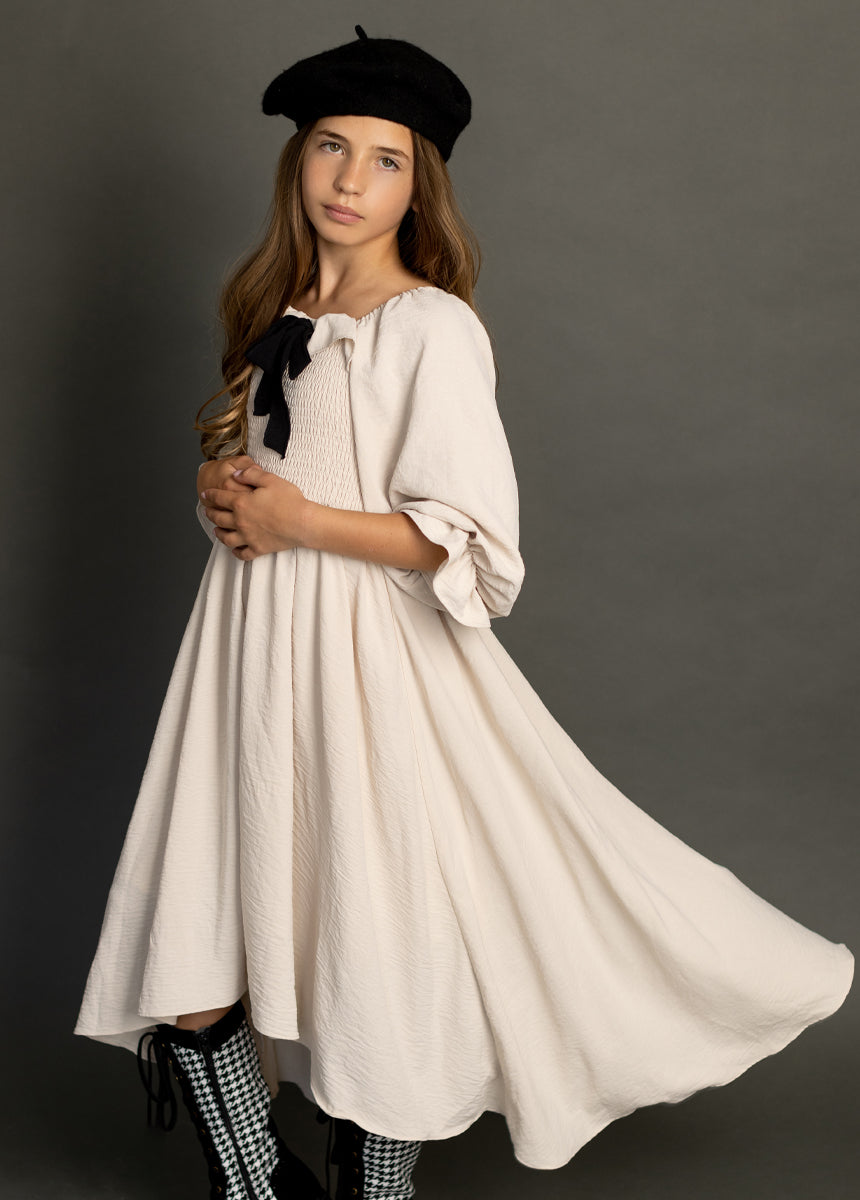 Odina Women's Ecru Dress - Elegant Flowy Midi Dress for Casual Wear, Office & Special Occasions