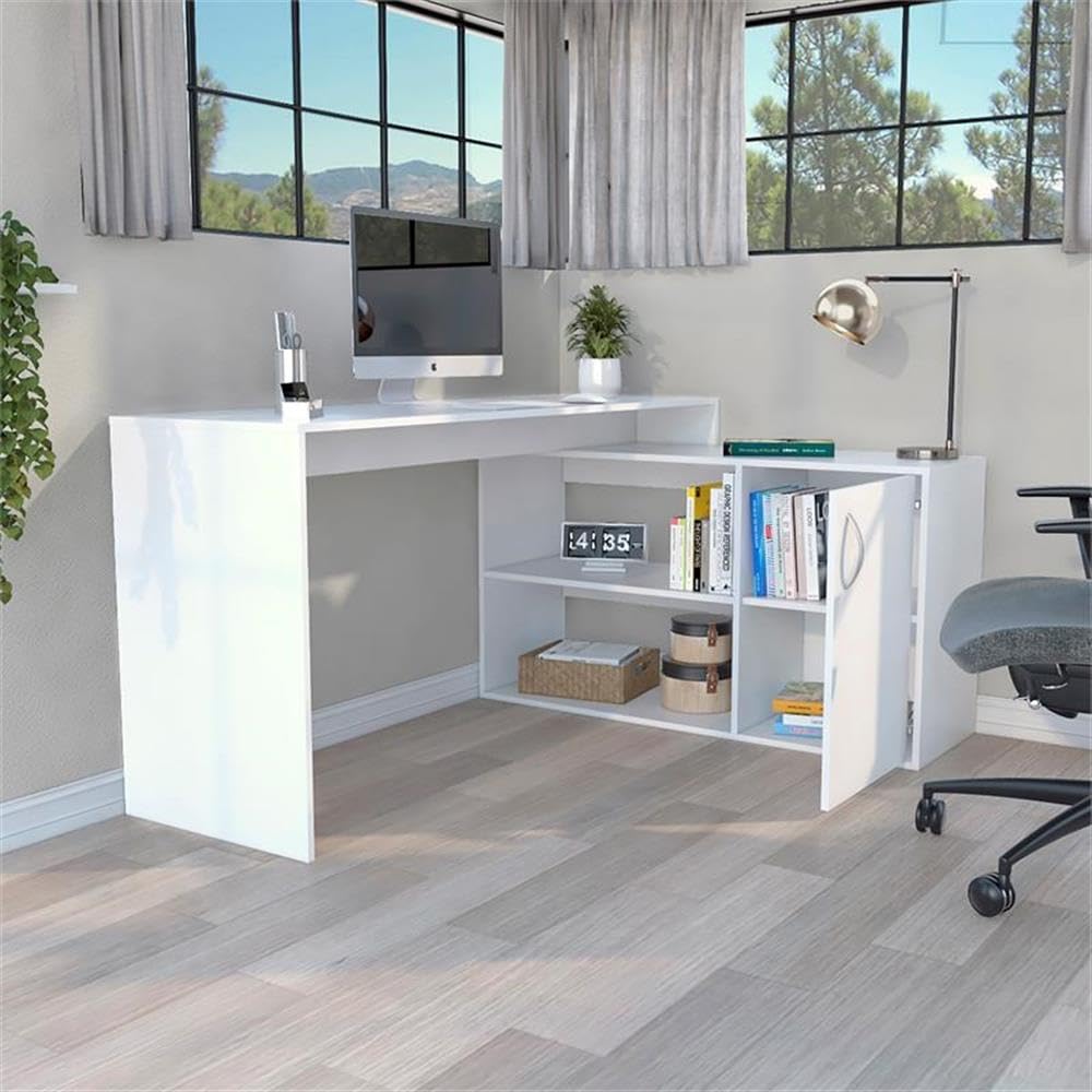 White TUHOME Axis L-Shaped Desk - Engineered Wood for Home Office