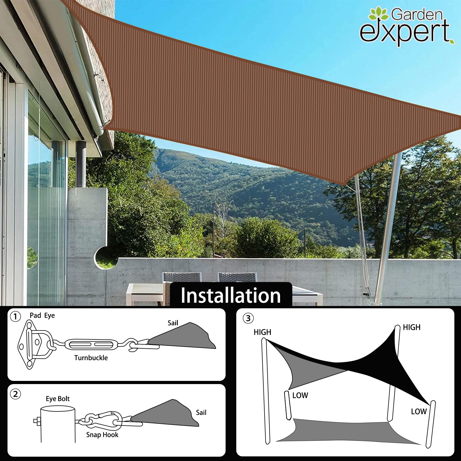 20x20 Brown Sun Shade Sail - Patio & Garden Canopy for Outdoor Backyard