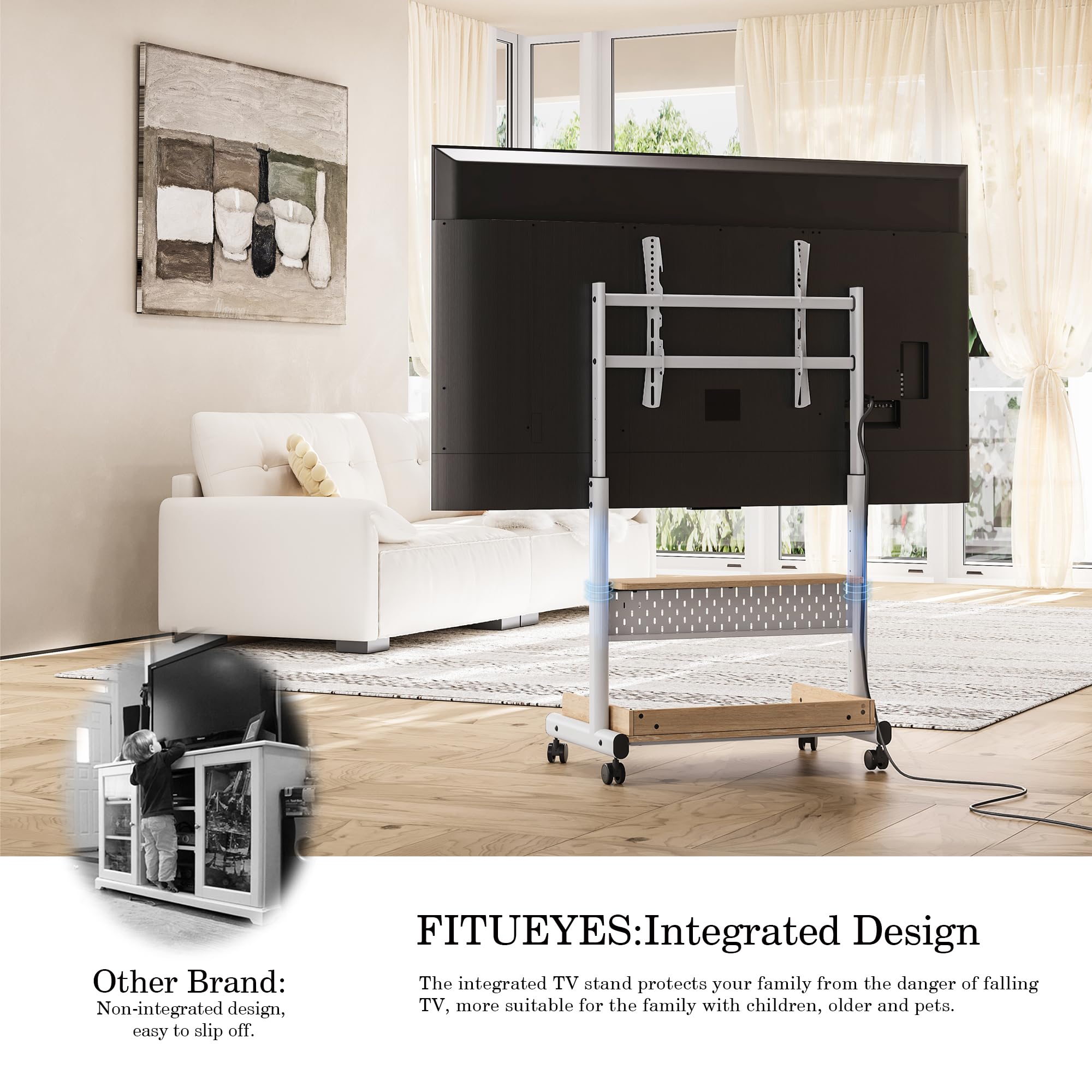 FITUEYES White TV Stand with Storage Wheels for 40-85 Inch LED LCD Flat Screen TVs - Corner Entertainment Center with Peg Board & Cabinet Storage - Perfect for Living Room, Bedroom or Home Theater Setup