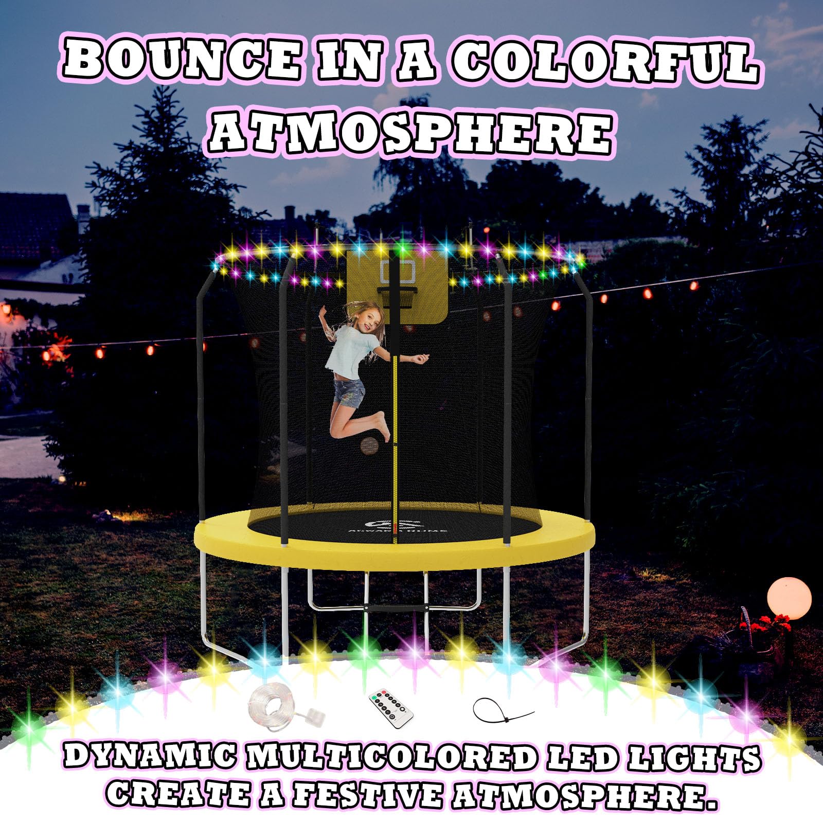 8FT 10FT 12FT 14FT Outdoor Trampoline with Basketball Hoop, LED Lights, Safety Net & Ladder - ASTM Approved for Kids & Adults | Backyard Fun, Exercise, Family Recreation