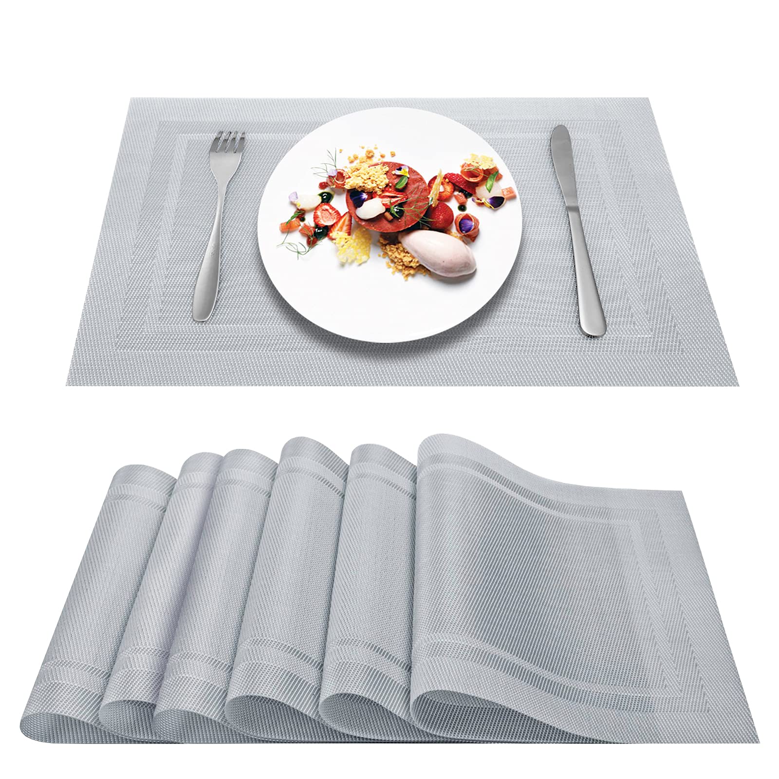 6-Pack Woven Boho Placemats for Dining Table - Waterproof Vinyl Table Mats with Silver Frames for Indoor & Outdoor Use - Perfect for Patio, Picnic, and Everyday Dining Decor