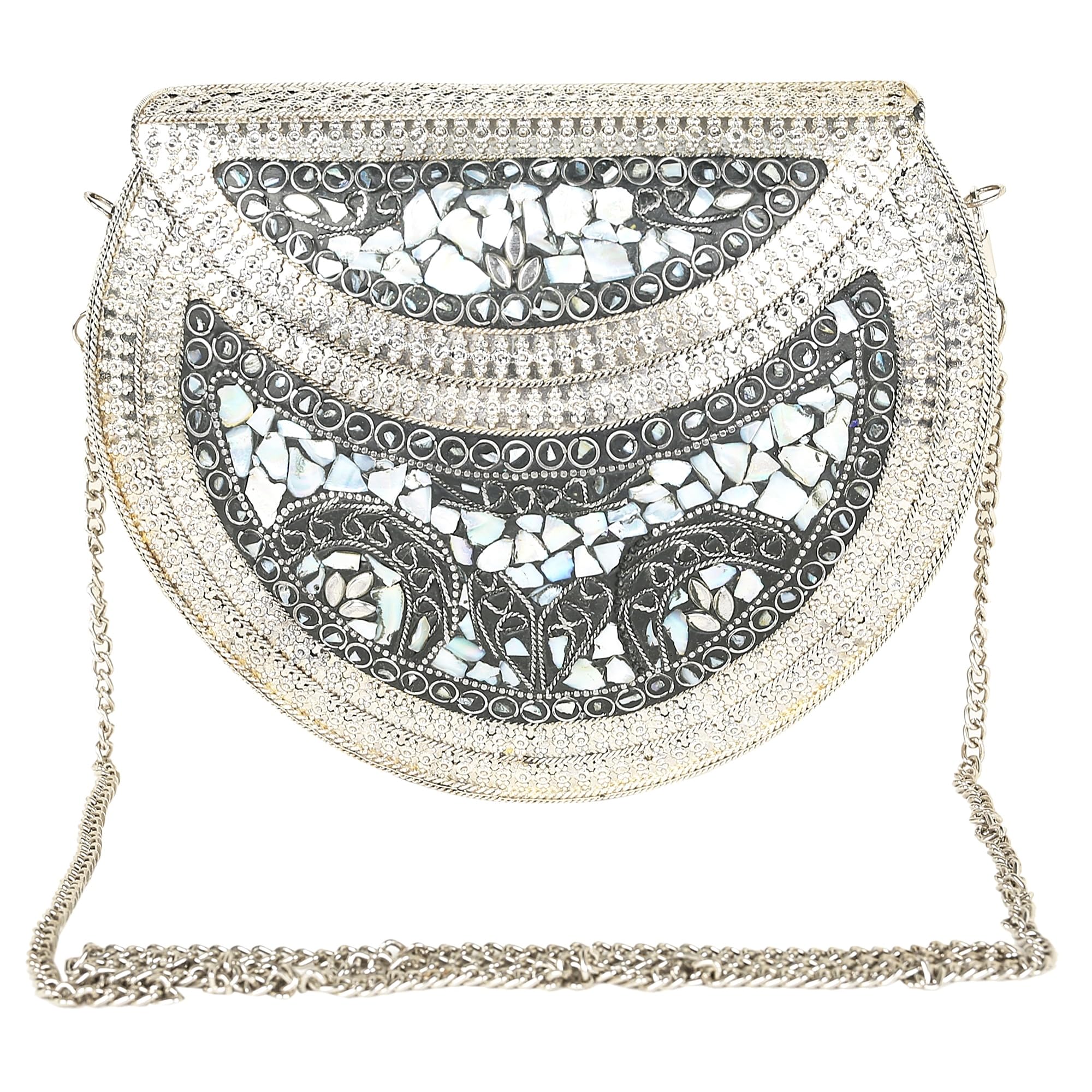 Vintage Silver Shell Mosaic Clutch Purse - Handmade Ethnic Indian Nacre Stone Bag for Women | Perfect for Weddings, Parties & Special Occasions