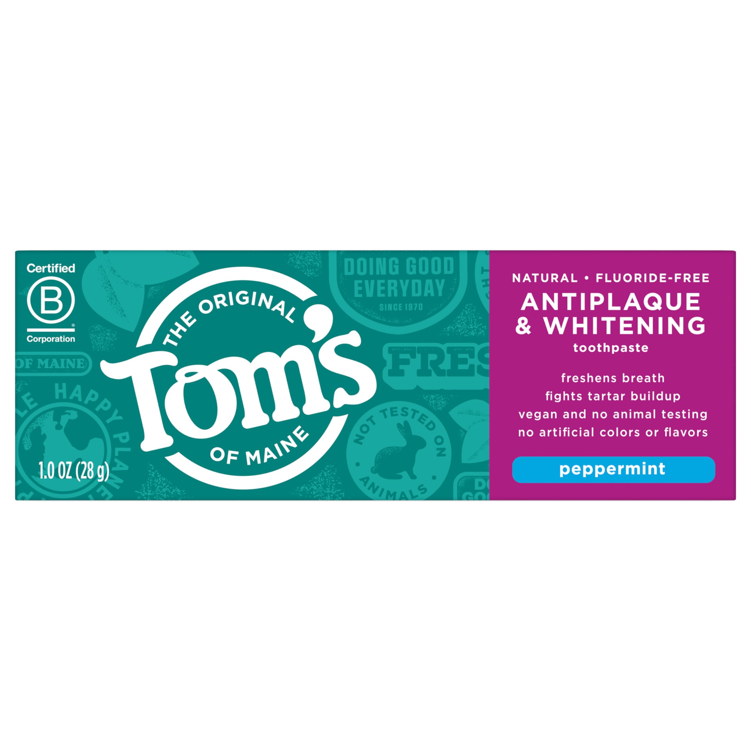 Tom's of Maine Fluoride-Free Antiplaque & Whitening Toothpaste - Natural Peppermint Flavor, Travel Size 1 oz (12-Pack) | Fresh Breath & Teeth Whitening for Home, Office & Travel Use
