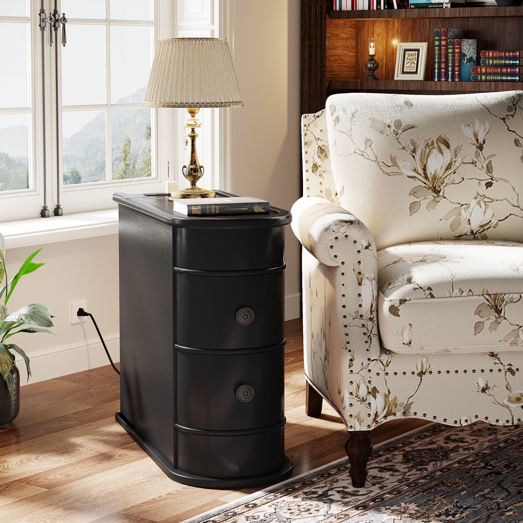 Modern Wooden Tall End Table with 2 Drawers - Narrow Nightstand for Bedroom, Living Room & Small Spaces - Perfect for Lamps, Books & Bedside Storage