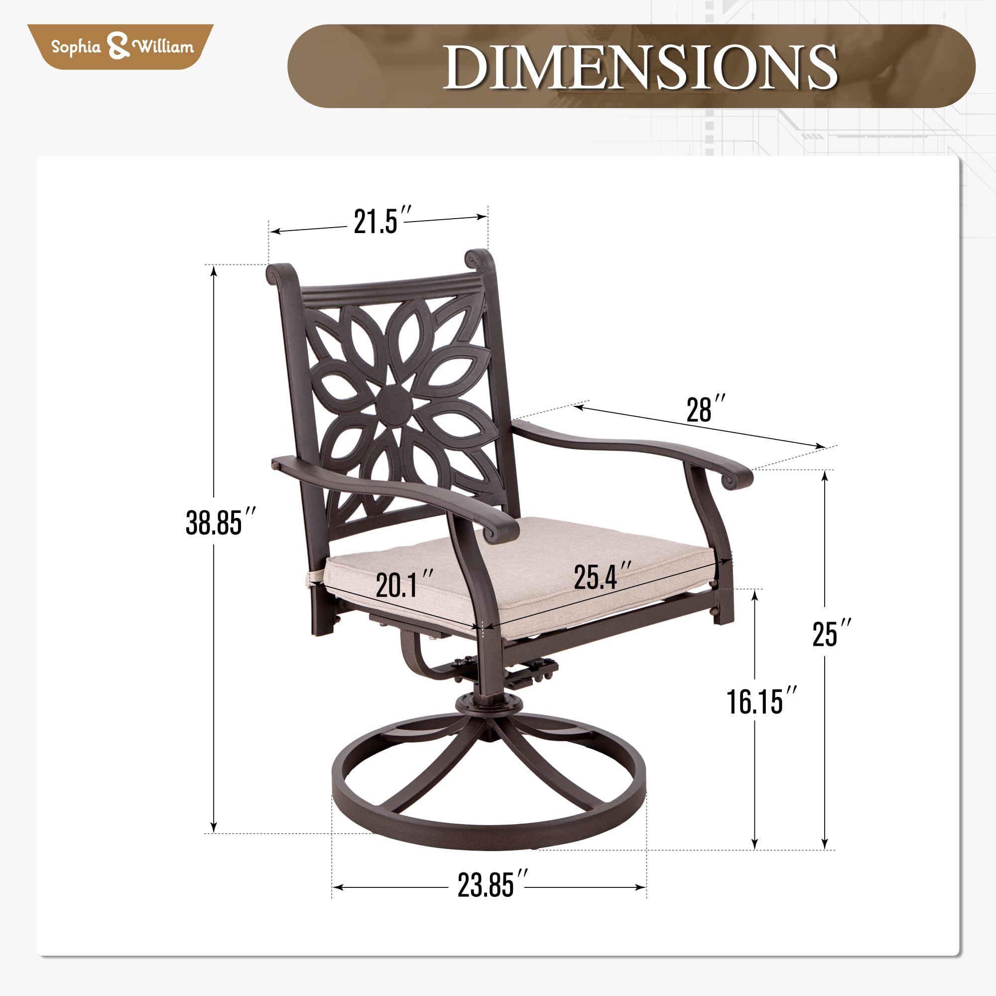 Sophia & William 2-Piece Brown Cast Aluminum Swivel Rocker Patio Dining Chairs Set - 350 lbs Weight Capacity - Outdoor Furniture for Garden, Deck, Poolside & Backyard Dining