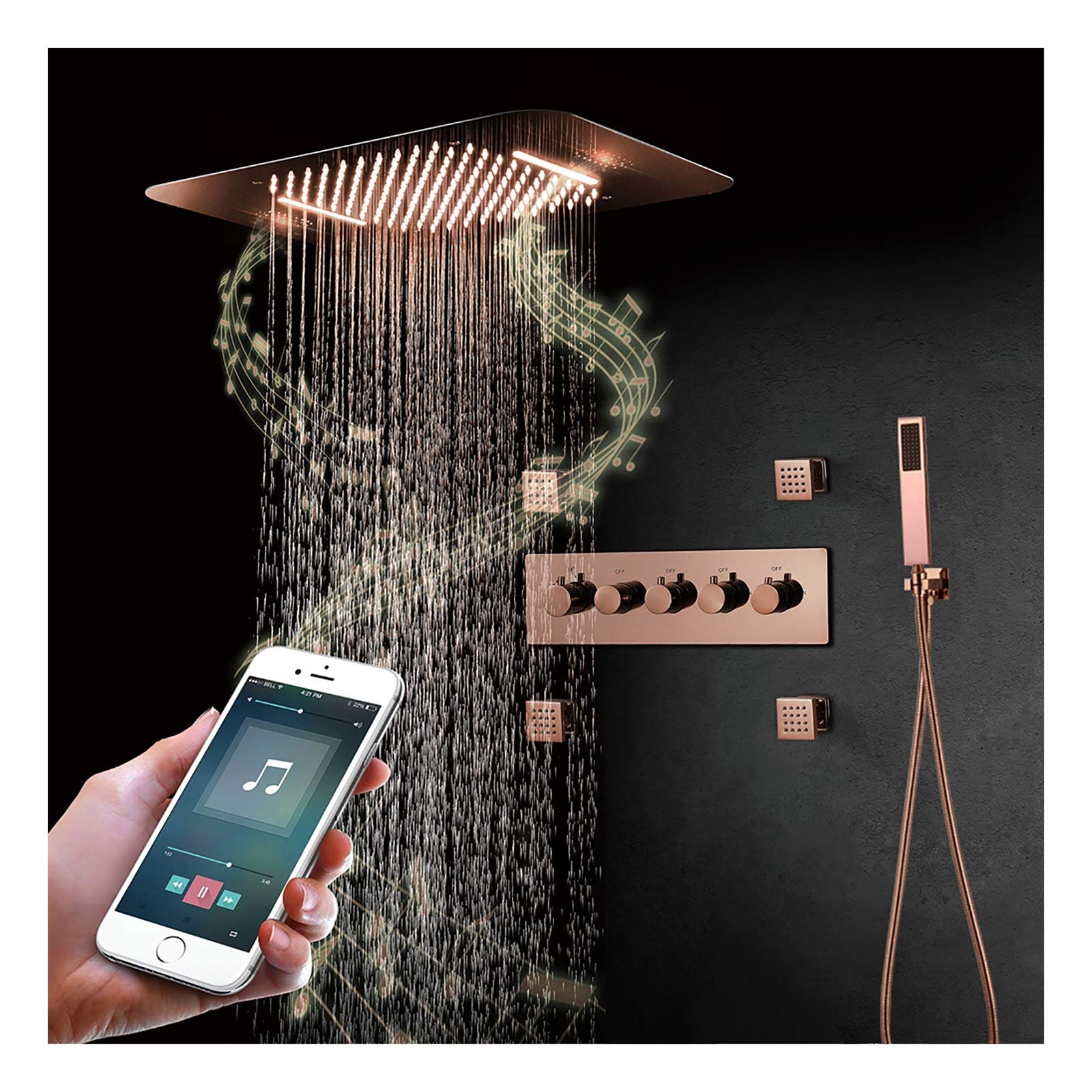 GELISURE Music 64-Color LED Rose Gold Thermostatic Shower System with Rainfall Shower Head, Handheld Shower, Body Jets & Remote Control - Perfect for Modern Bathroom & Spa Experience