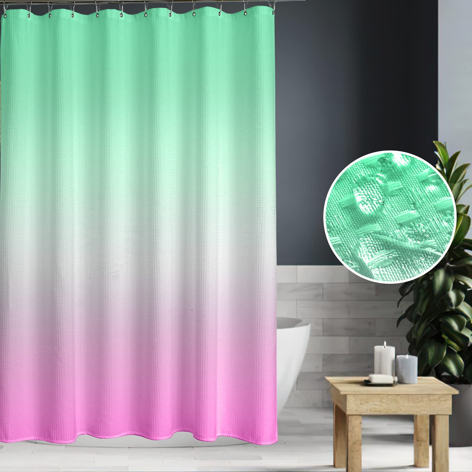 Koogfubear Ombre Gradient Rainbow Shower Curtain - Waterproof Bathroom Decor with 12 Hooks, Machine Washable 72x72 Inches (Pink & Green) - Perfect for Modern Bathrooms, Kids' Rooms & Rainbow-Themed Decor