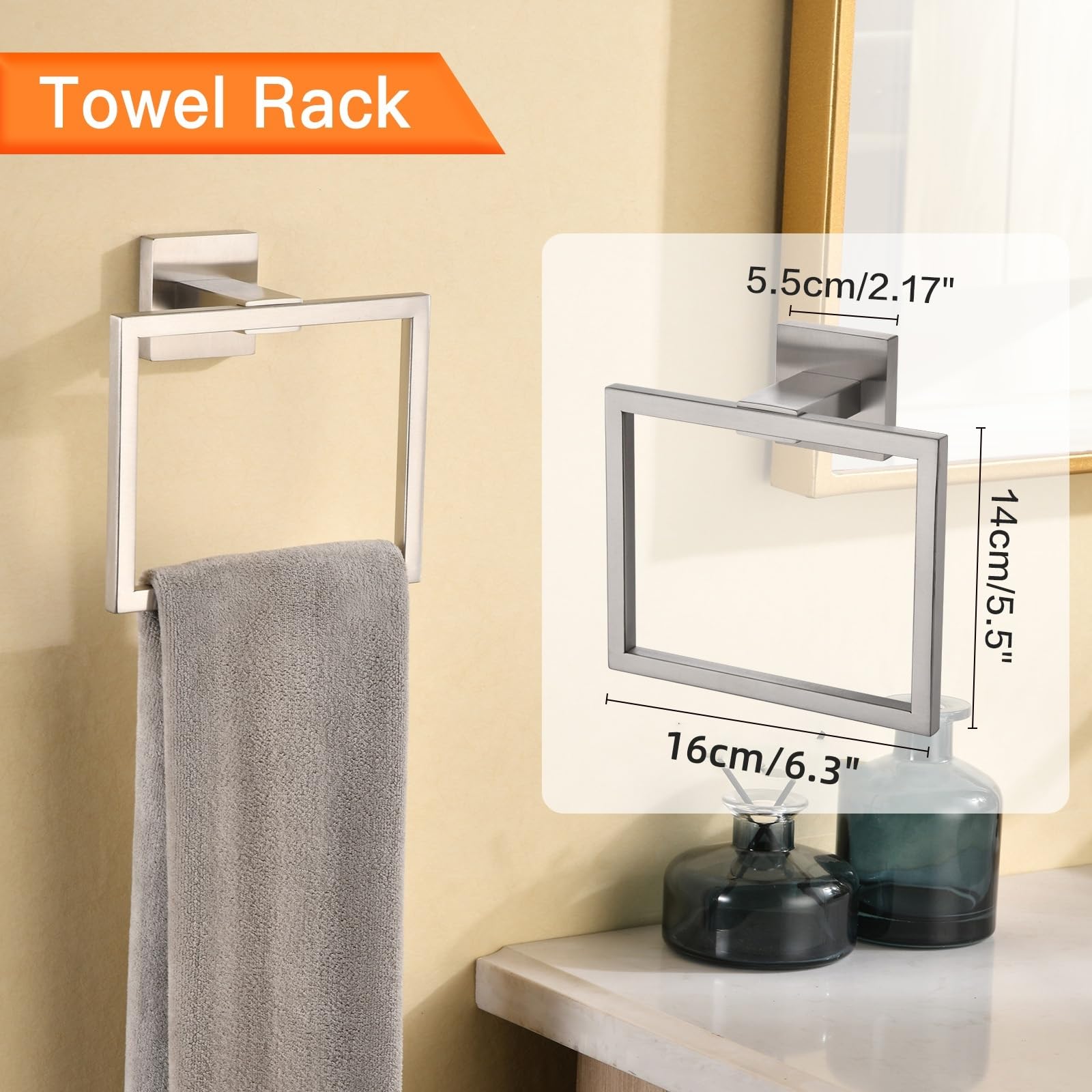 5-Piece Brushed Nickel Bath Towel Bar Set - 16-Inch Wall Mounted Towel Rod, Rack, Toilet Paper Holder with Shelf & 2 Robe Hooks | Modern Bathroom Hardware Accessories for Spa-Like Luxury (Perfect for Master Bath, Guest Bath & Powder Room Decor)